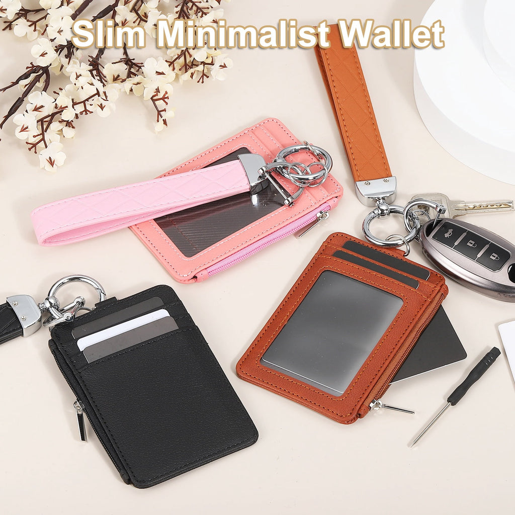 4.7 x 3.2 x 0.2" Slim PU Leather Card Holder Wallet, 1 Set Small Front Pocket Credit Card Case with Zipper Coin Wallets, ID Window & Keychai - Image 4