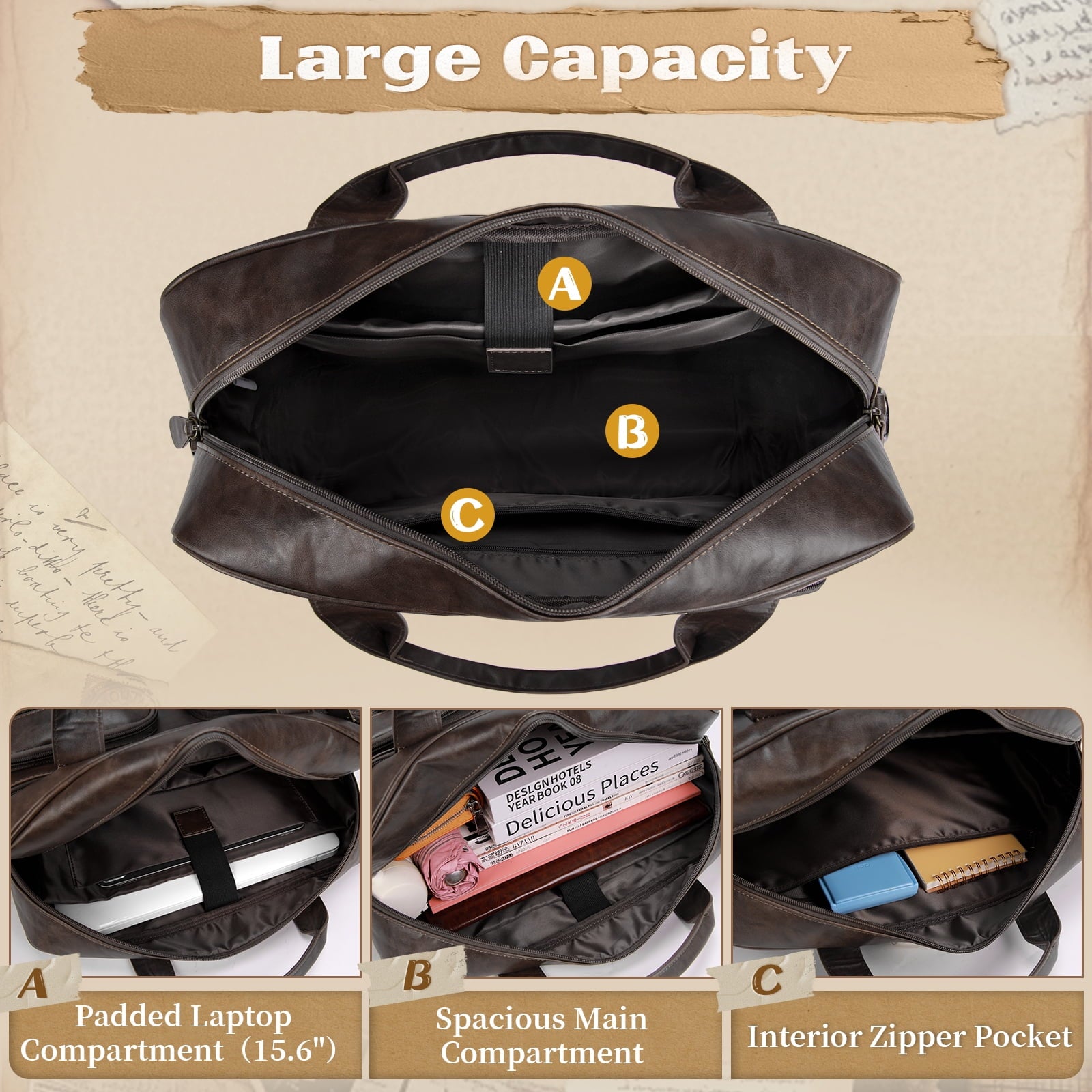 15.6 Inch Messenger Bag for Men Vintage PU Leather Laptop Bag Waterproof Computer Briefcases for Men Retro Mens Brief... - Image 5