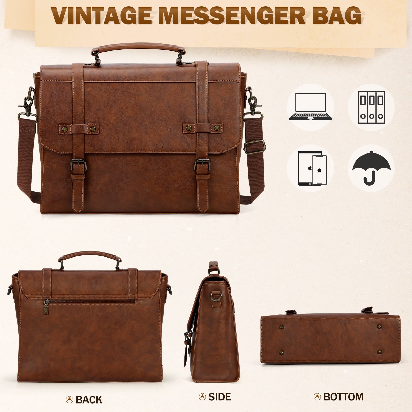 Mens Messenger Bag 17 Inch Waterproof Vintage Leather Laptop Briefcase Satchel Bag Computer Shoulder Bag Large Laptop Bag for Office Busines - Image 3