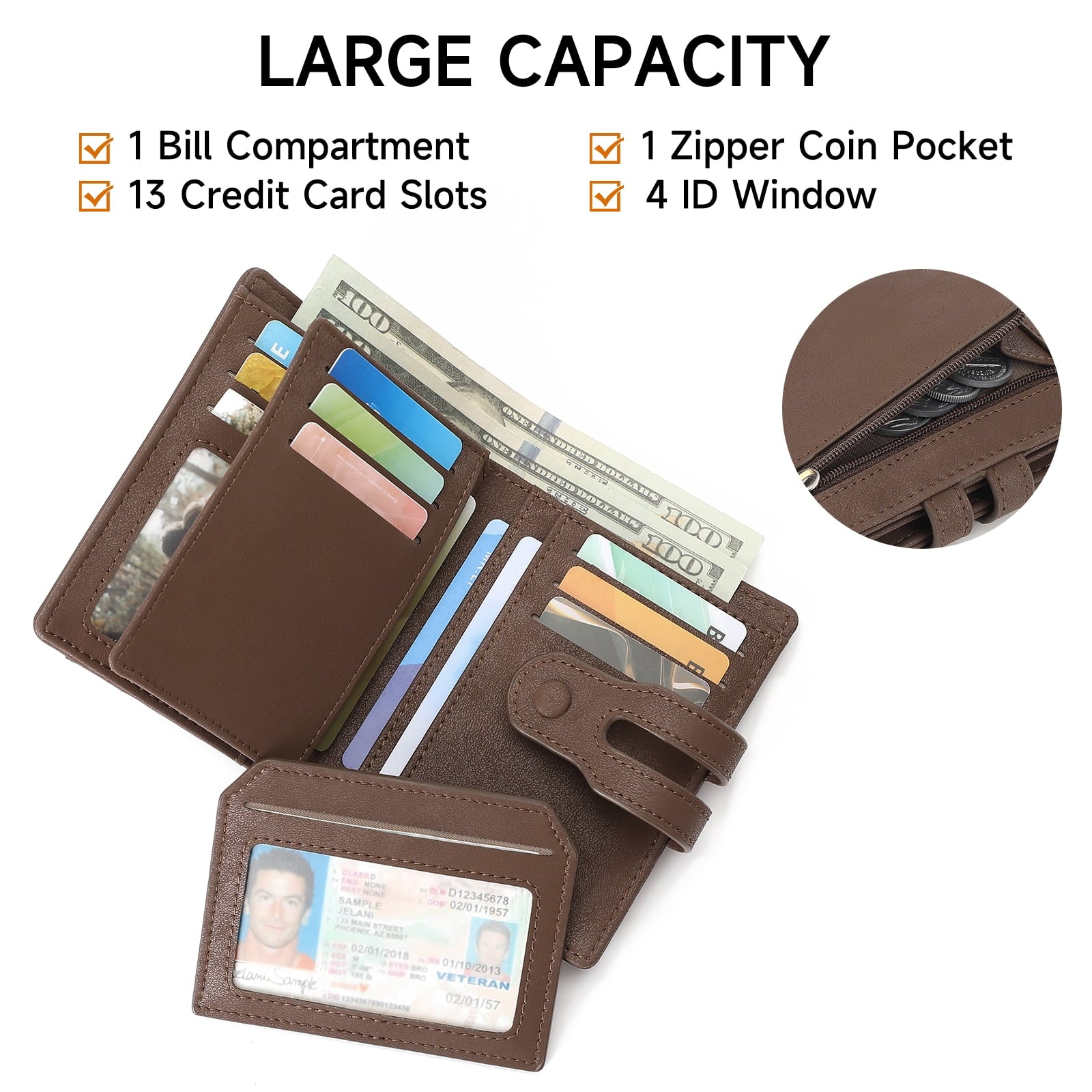 Leather Wallet for Men RFID Blocking Large Capacity Bifold Wallet Minimalist Back Pocket Wallets for Men with Zipper ... - Image 4