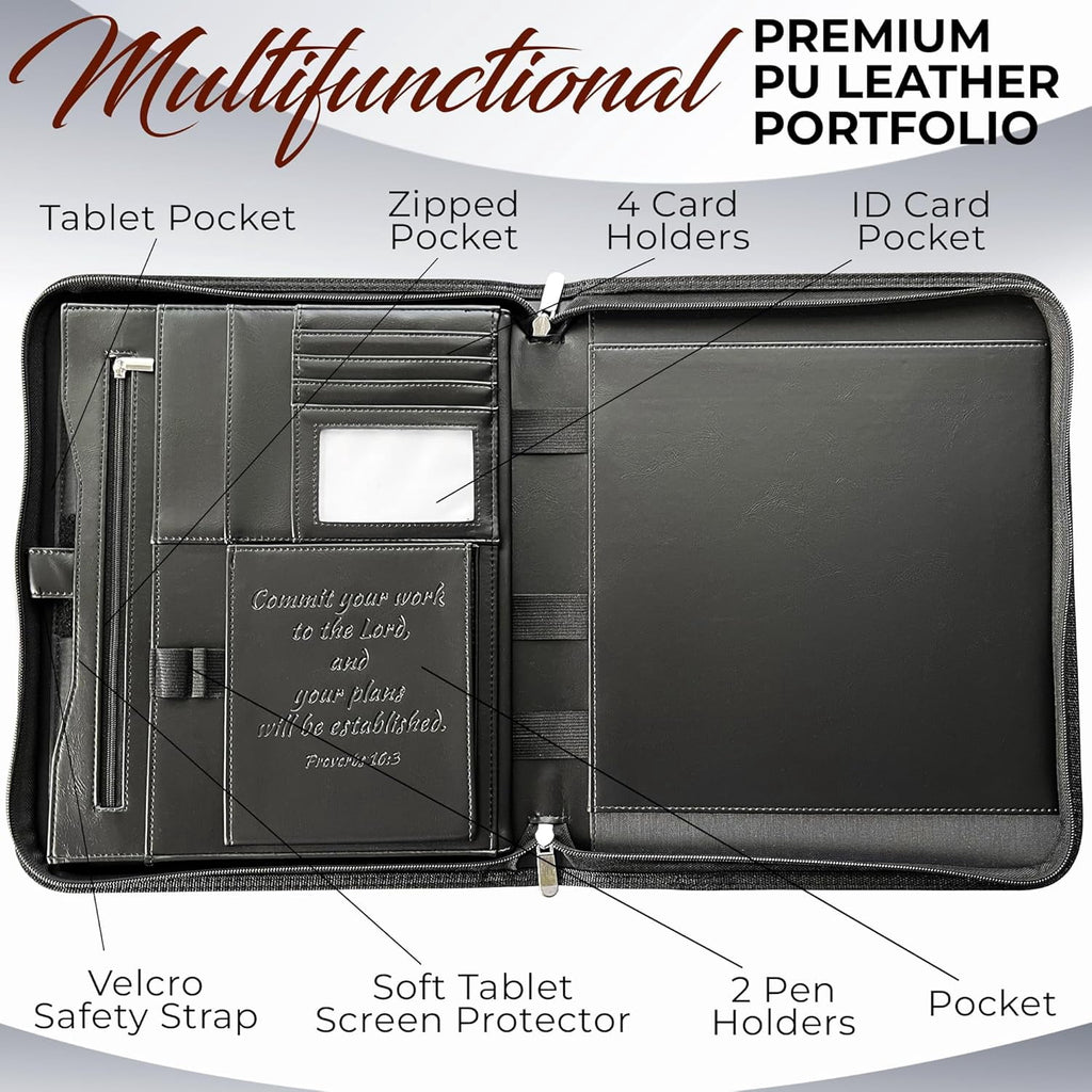 Premium Leather Padfolio Portfolio for Men Women - Black Business Binder with Zipper & Pen Slots - Image 2