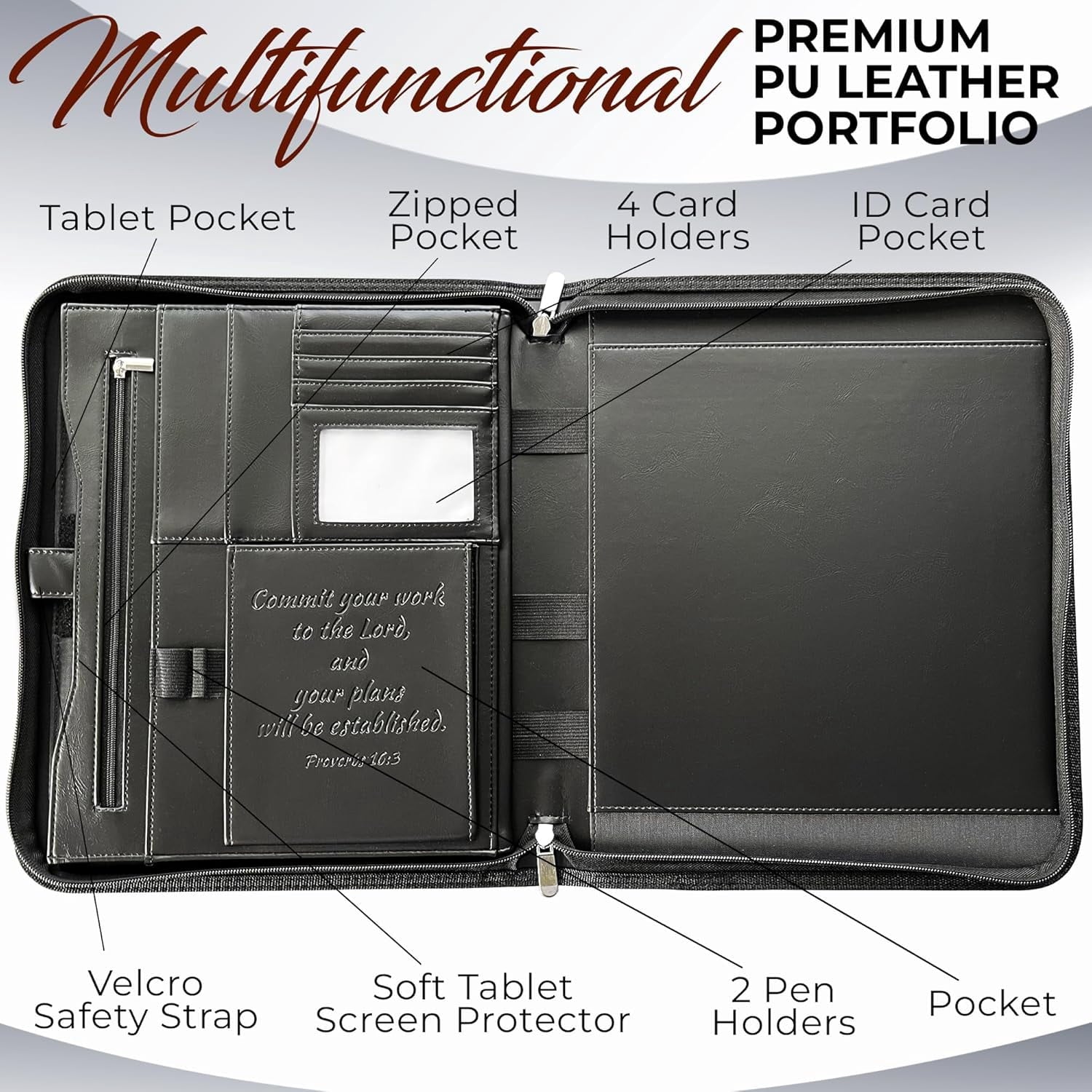 Premium Leather Padfolio Portfolio for Men Women - Black Business Binder with Zipper & Pen Slots - Image 2