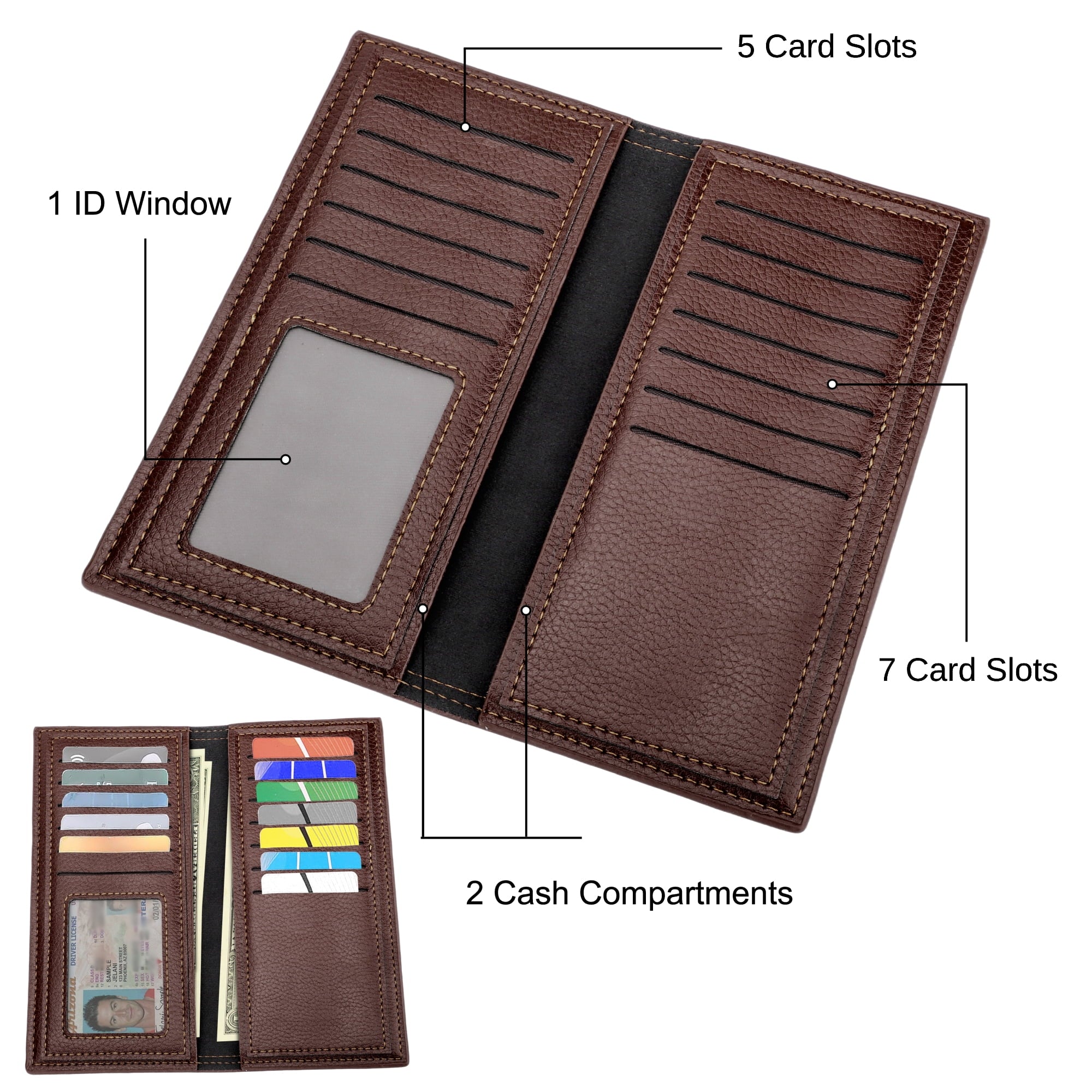 Long Bifold Wallet for Men, Slim PU Leather Purse, RFID Blocking Credit Card Holder, Brown - Image 3