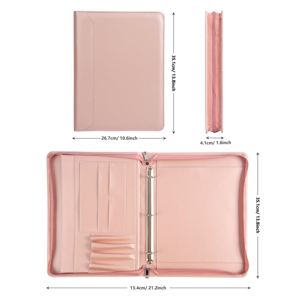 Portfolio 3 Rings Binder,Zipper PU Leather Padfolio, Business Organizers with A4 Legal Pads, Gift for Him Pink - Image 2