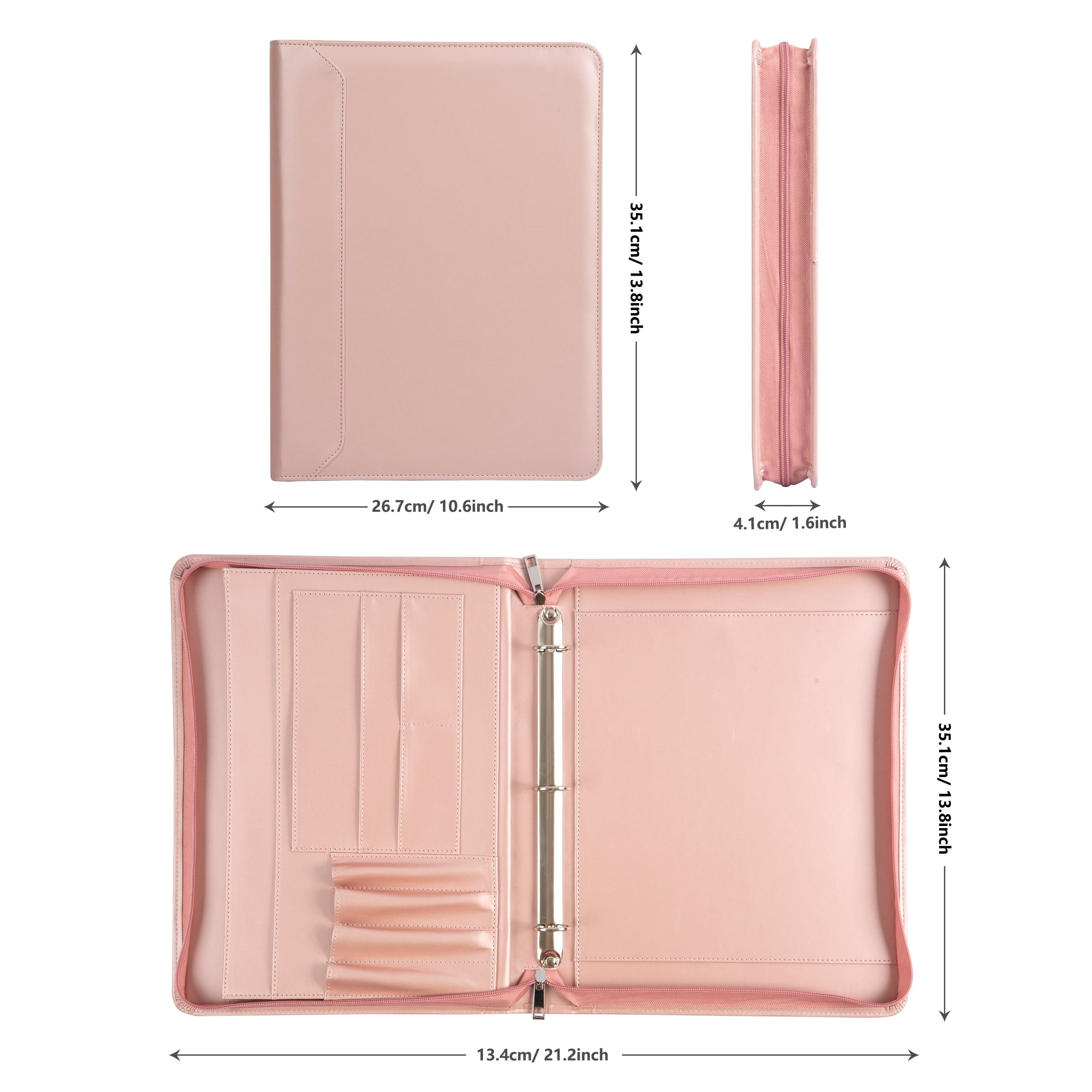 Portfolio 3 Rings Binder,Zipper PU Leather Padfolio, Business Organizers with A4 Legal Pads, Gift for Him Pink - Image 2
