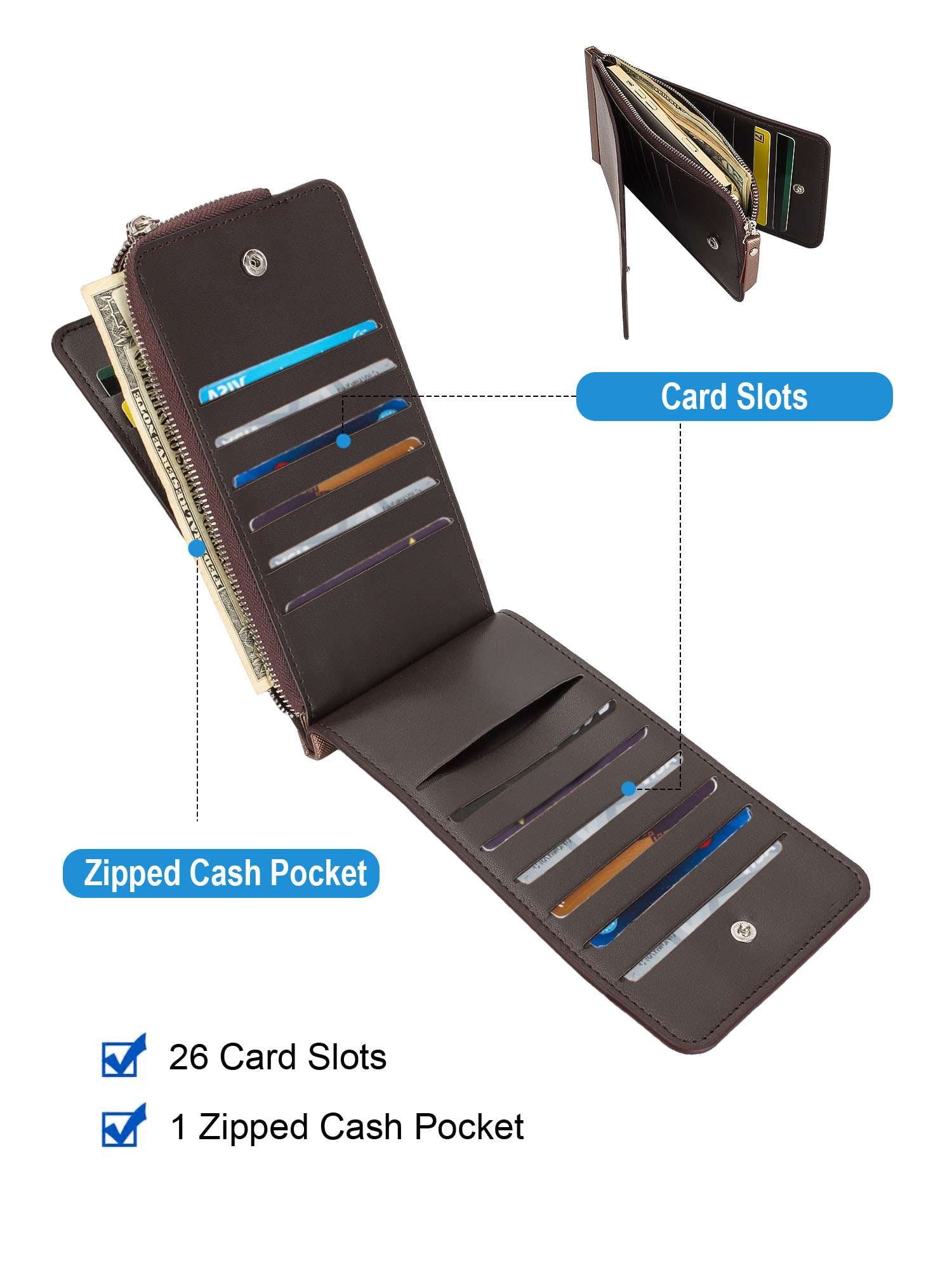 Leather Wallets for Women RFID Blocking Slim Purse Card Holder with Zipper Pocket (Kaki) - Image 5