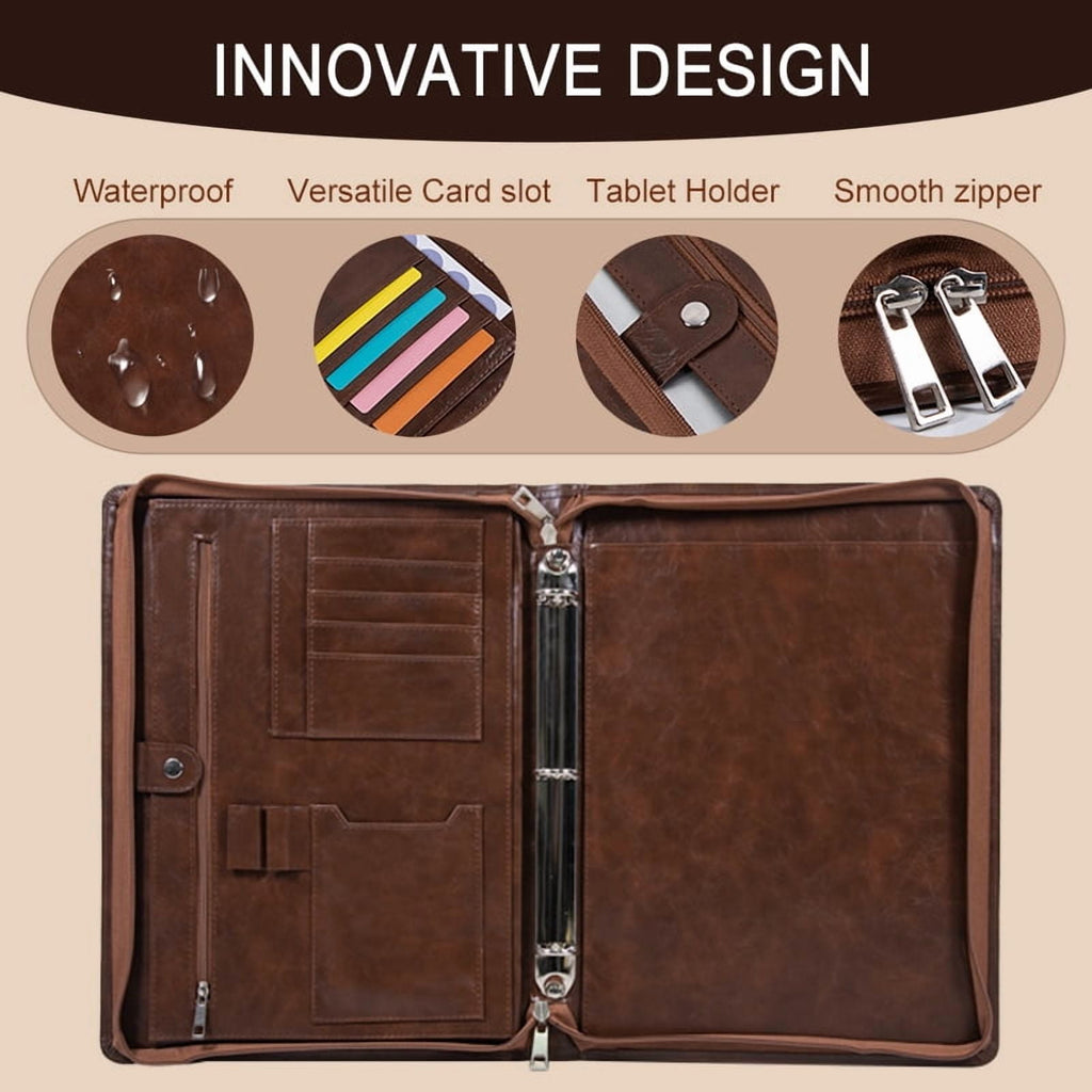 A4 Business Padfolio Binder with Zipper, Vegan Leather Professional Portfolio Organizer with 3-Ring Binder, Notepad & Resume Holder for Meet - Image 3