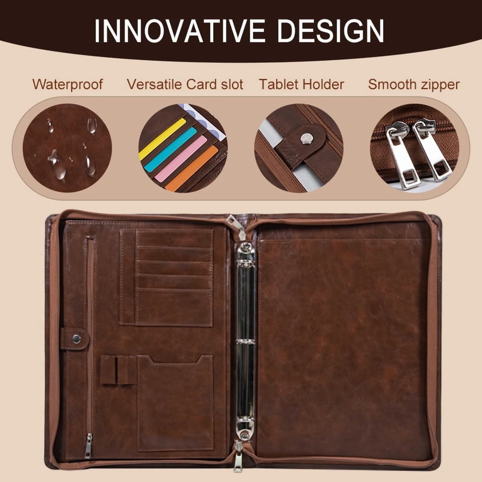 A4 Business Padfolio Binder with Zipper, Vegan Leather Professional Portfolio Organizer with 3-Ring Binder, Notepad & Resume Holder for Meet - Image 3