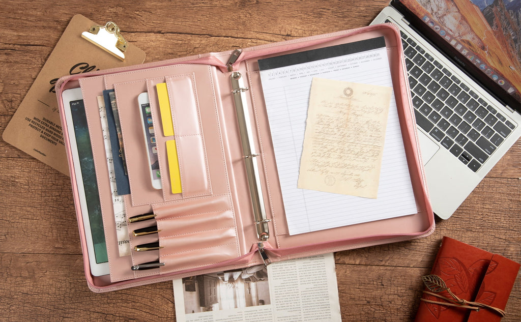 Portfolio 3 Rings Binder,Zipper PU Leather Padfolio, Business Organizers with A4 Legal Pads, Gift for Him Pink - Image 4