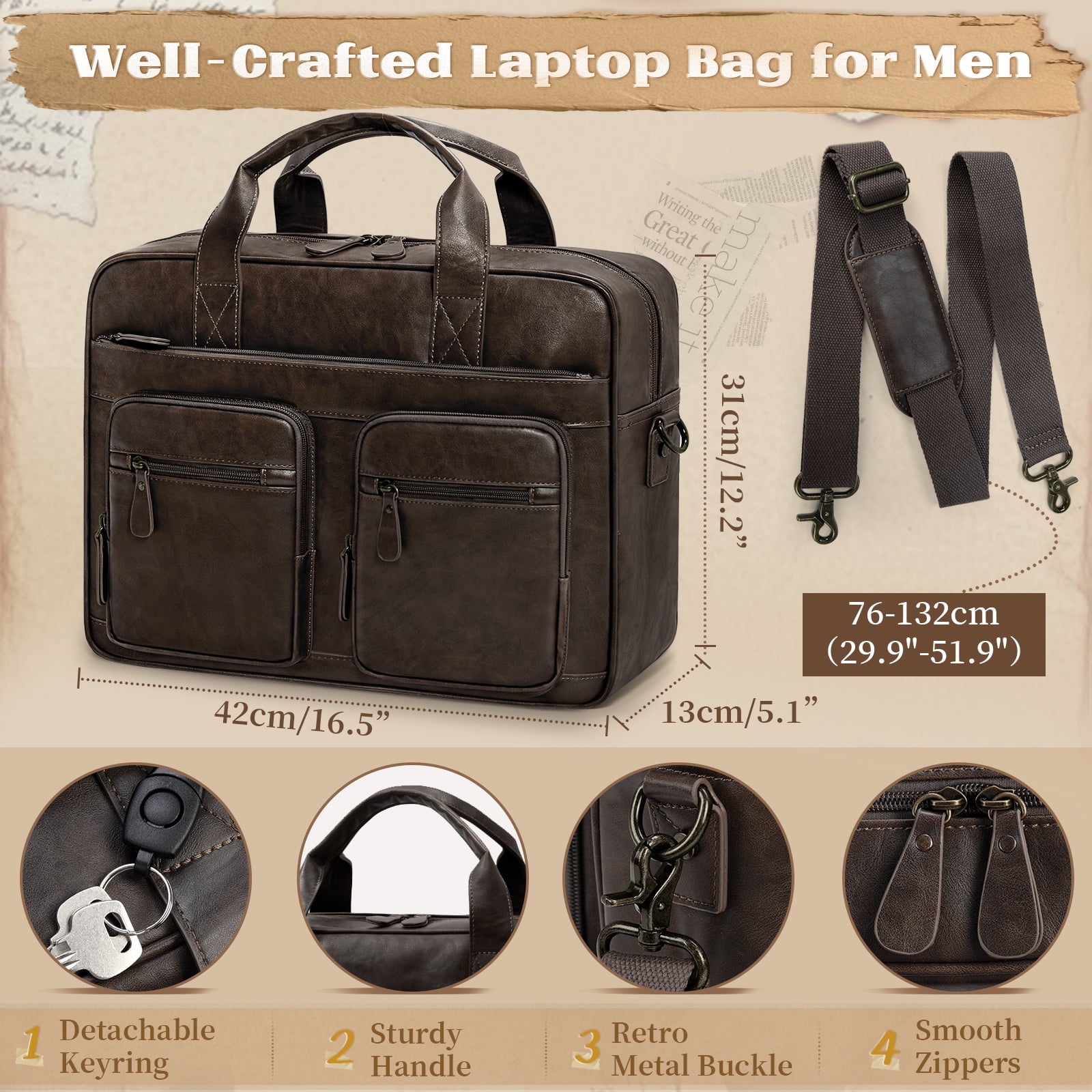 15.6 Inch Messenger Bag for Men Vintage PU Leather Laptop Bag Waterproof Computer Briefcases for Men Retro Mens Brief... - Image 2