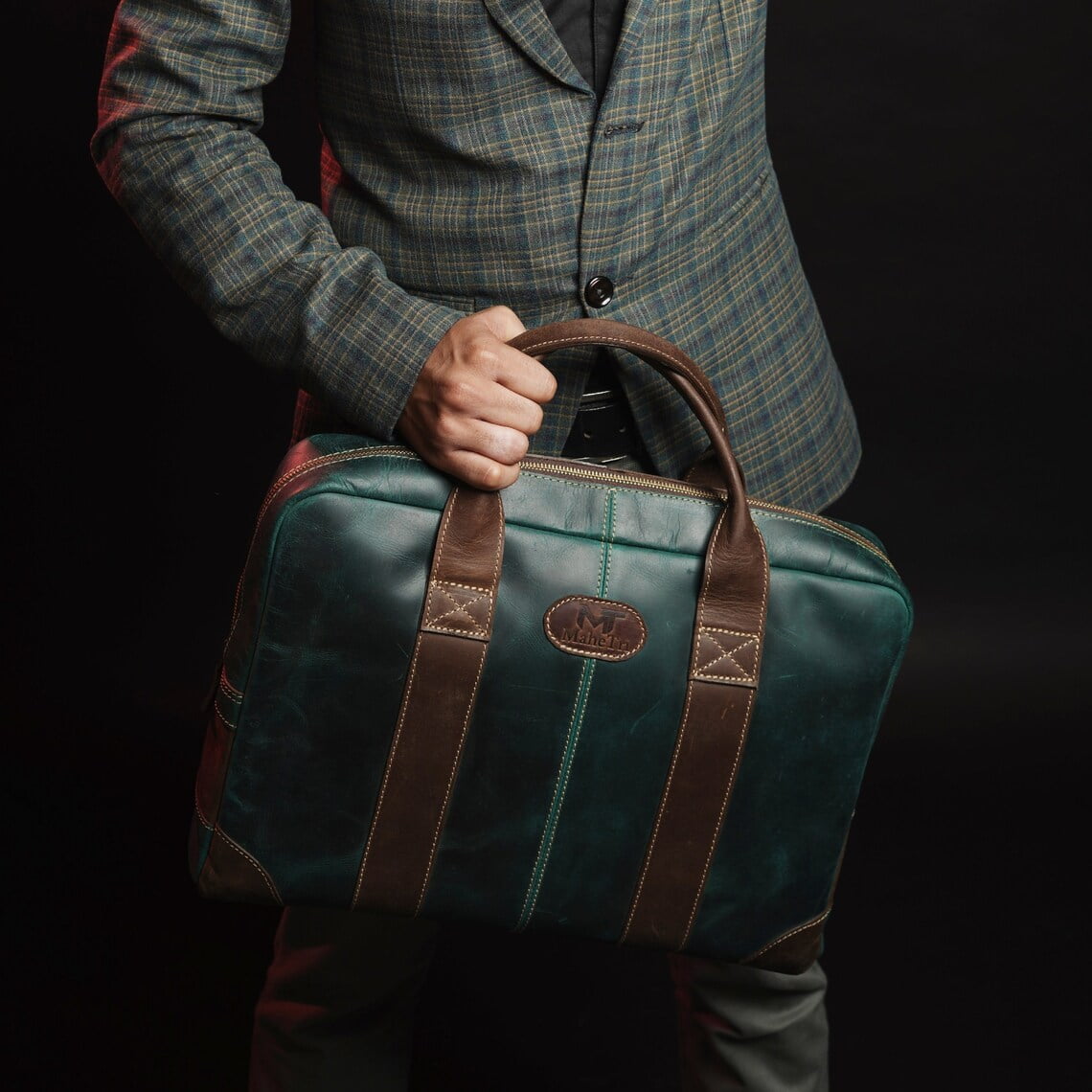 Leather Messenger Bag 16" Laptop Briefcase, Green Handbag Best Gift for Men - Image 2