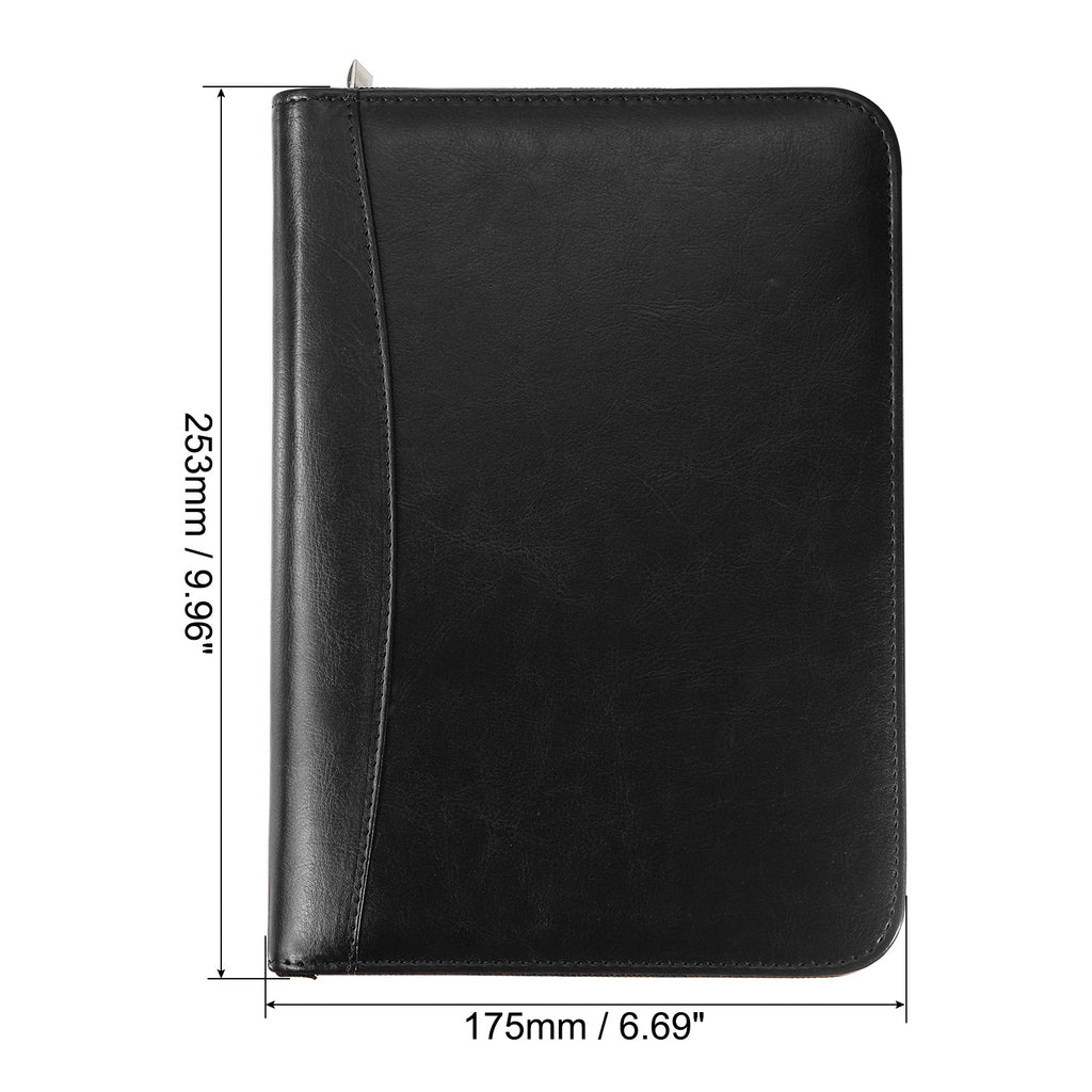 A5 Business Portfolio PU Leather Padfolio Organizer Legal Document Folder Zipper Professional, Black - Image 2