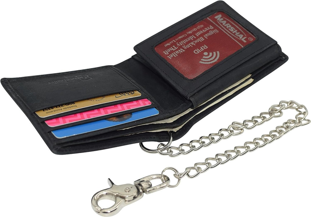 RFID Blocking Men's Classic Bifold Vintage Leather Chain Wallet for Men Black - Image 5