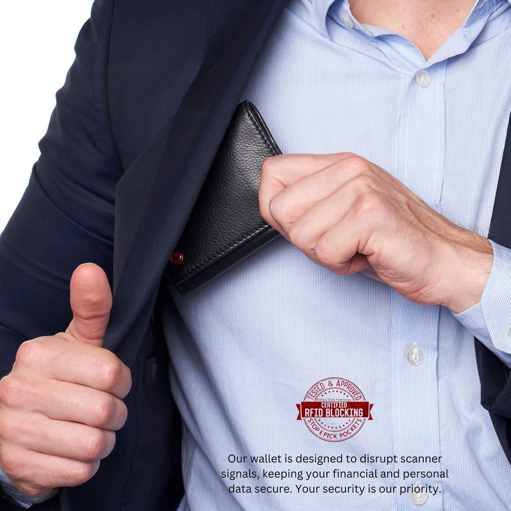 Men's Leon RFID Trifold Pocket Wallet – Genuine Leather Wallet for Men, Slim Design with ID Window & Multiple Card Sl... - Image 6