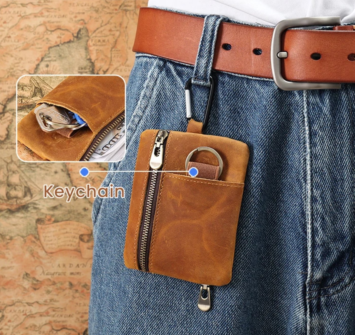 Genuine Leather Unisex Coin Purse Card Holder with Key Ring & Clip. Slim Minimalist Wallet. Top Grain Cow Real Leather. - Image 3