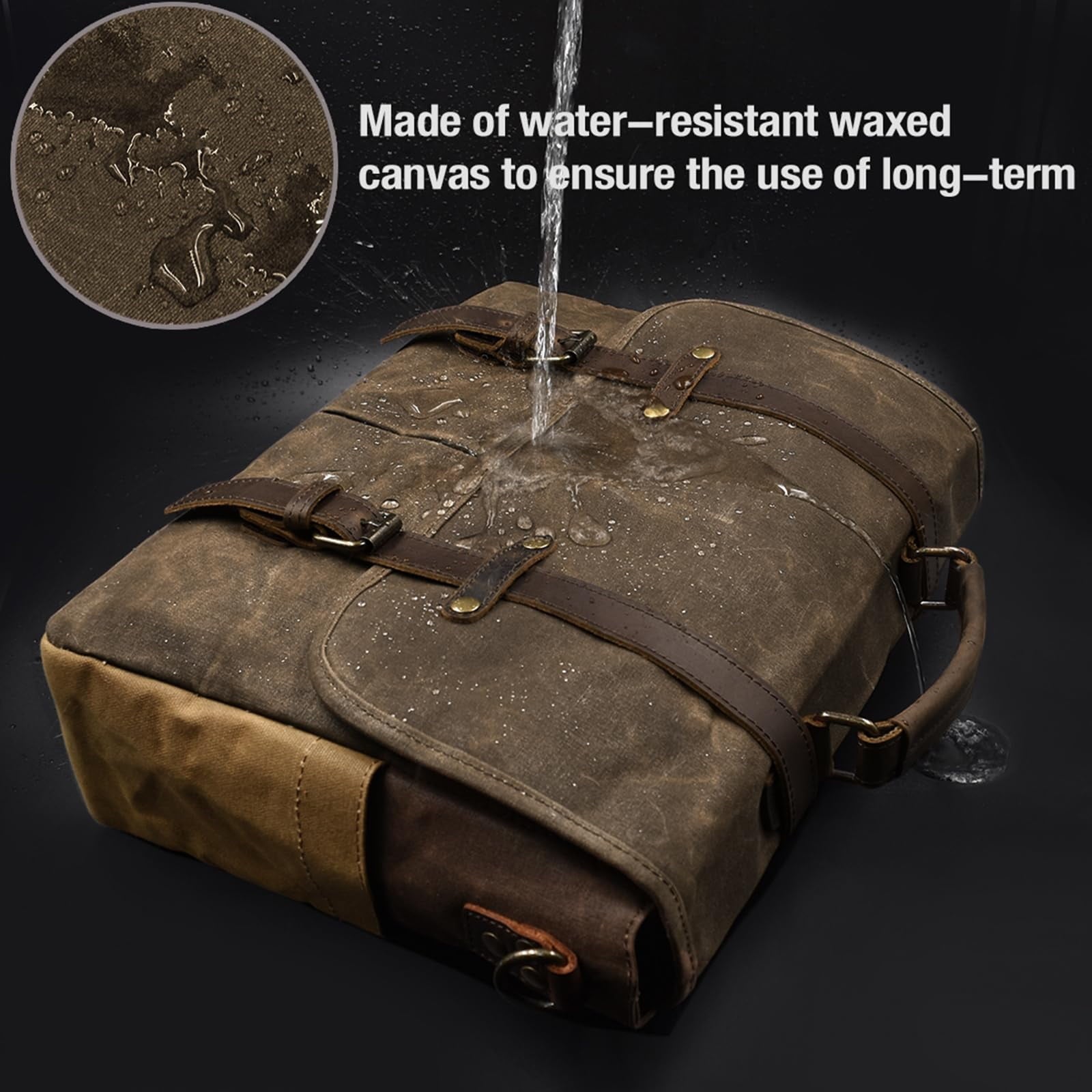 Mens Messenger Bag 15.6 Inch Waterproof Vintage Genuine Leather Waxed Canvas Briefcase Large Leather Computer Laptop ... - Image 3