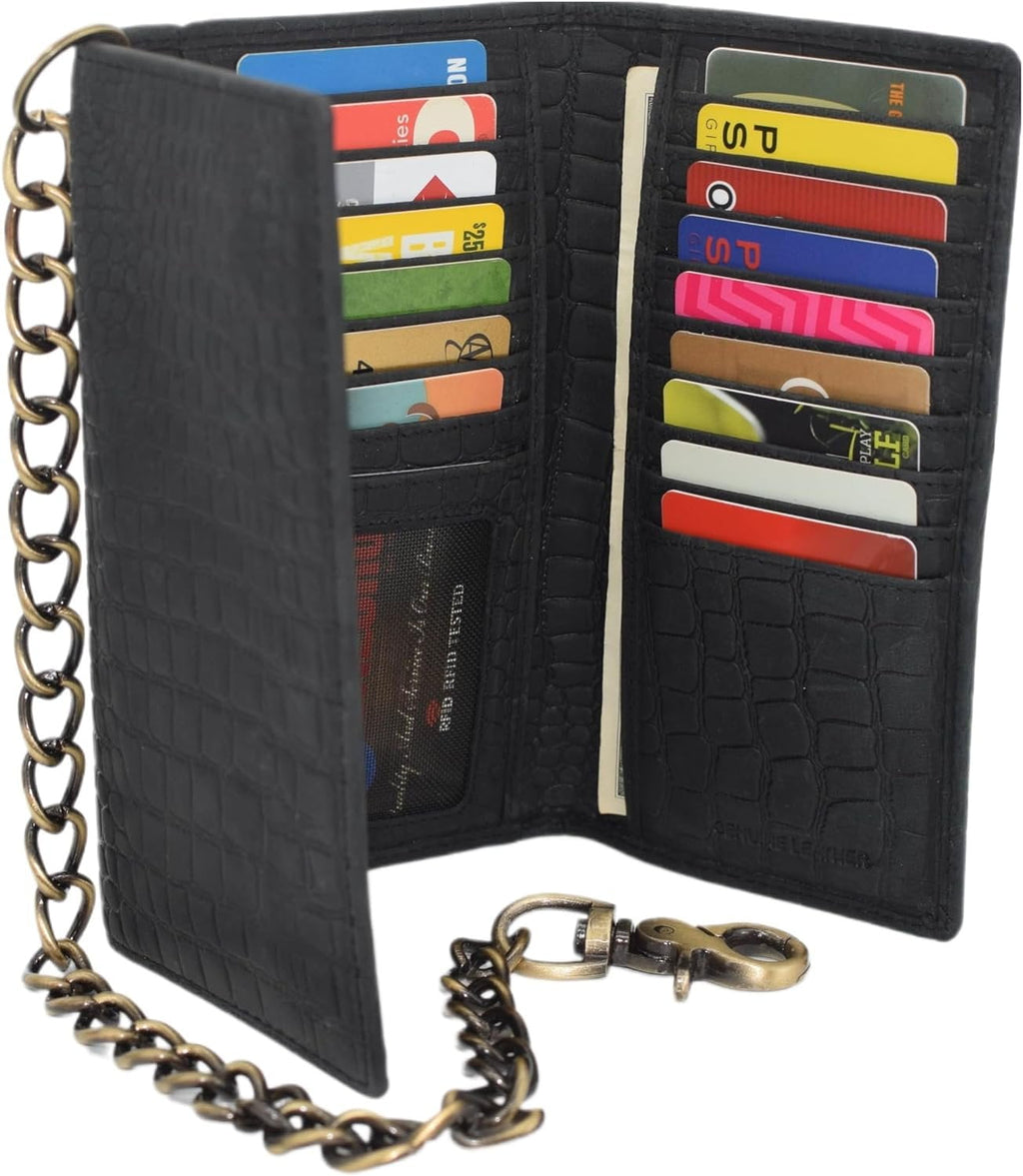 Biker Wallets for Men with Chain - Distressed Croco Leather Wallet Credit Card Slots, Money Sleeve, & Zippered Pocket... - Image 6