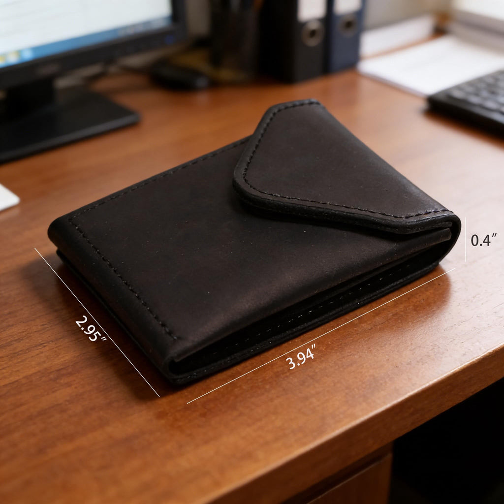 for Men - Slim Card Holder - Handmade Minimalist Front Pocket - Flap - Full Grain - Image 4