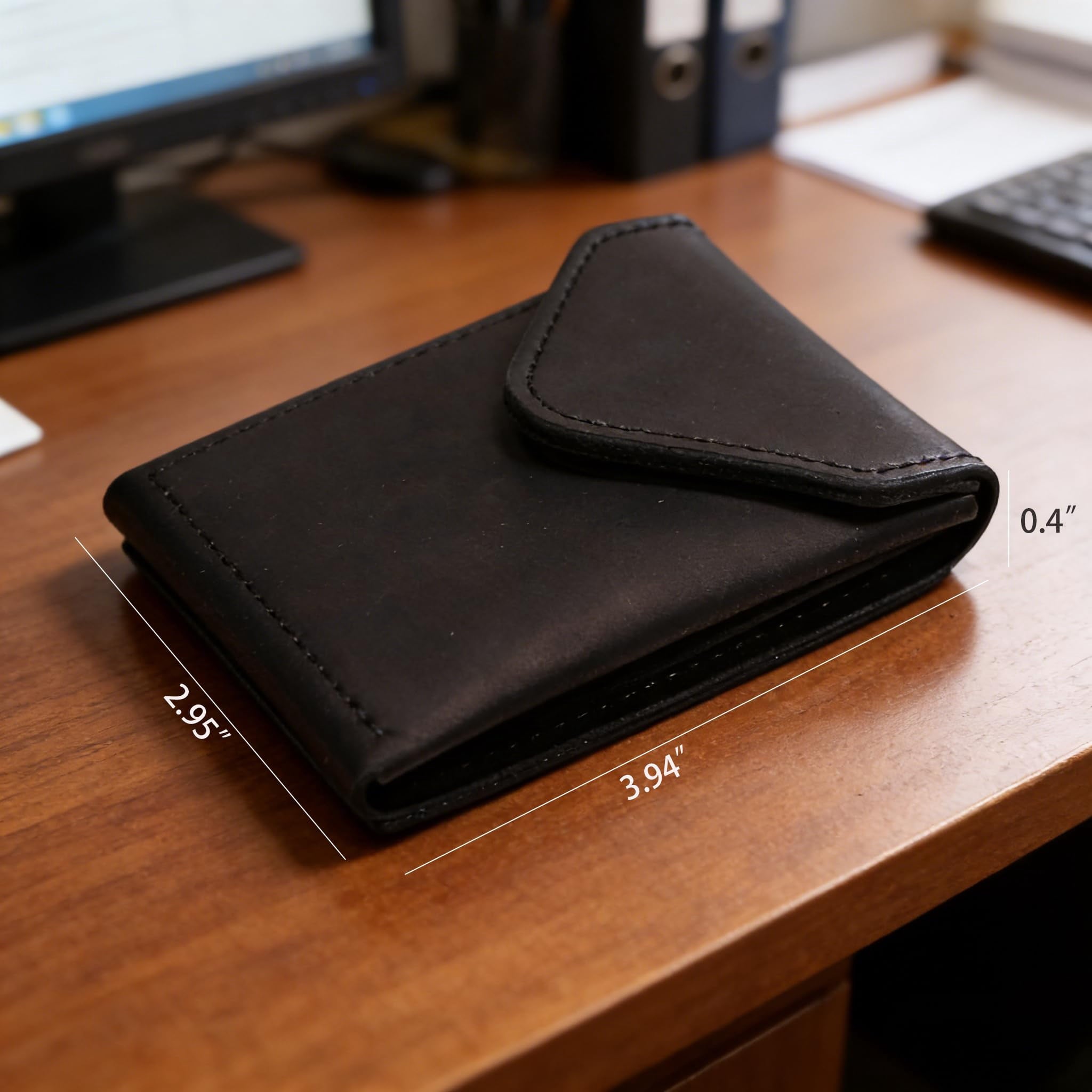for Men - Slim Card Holder - Handmade Minimalist Front Pocket - Flap - Full Grain - Image 4