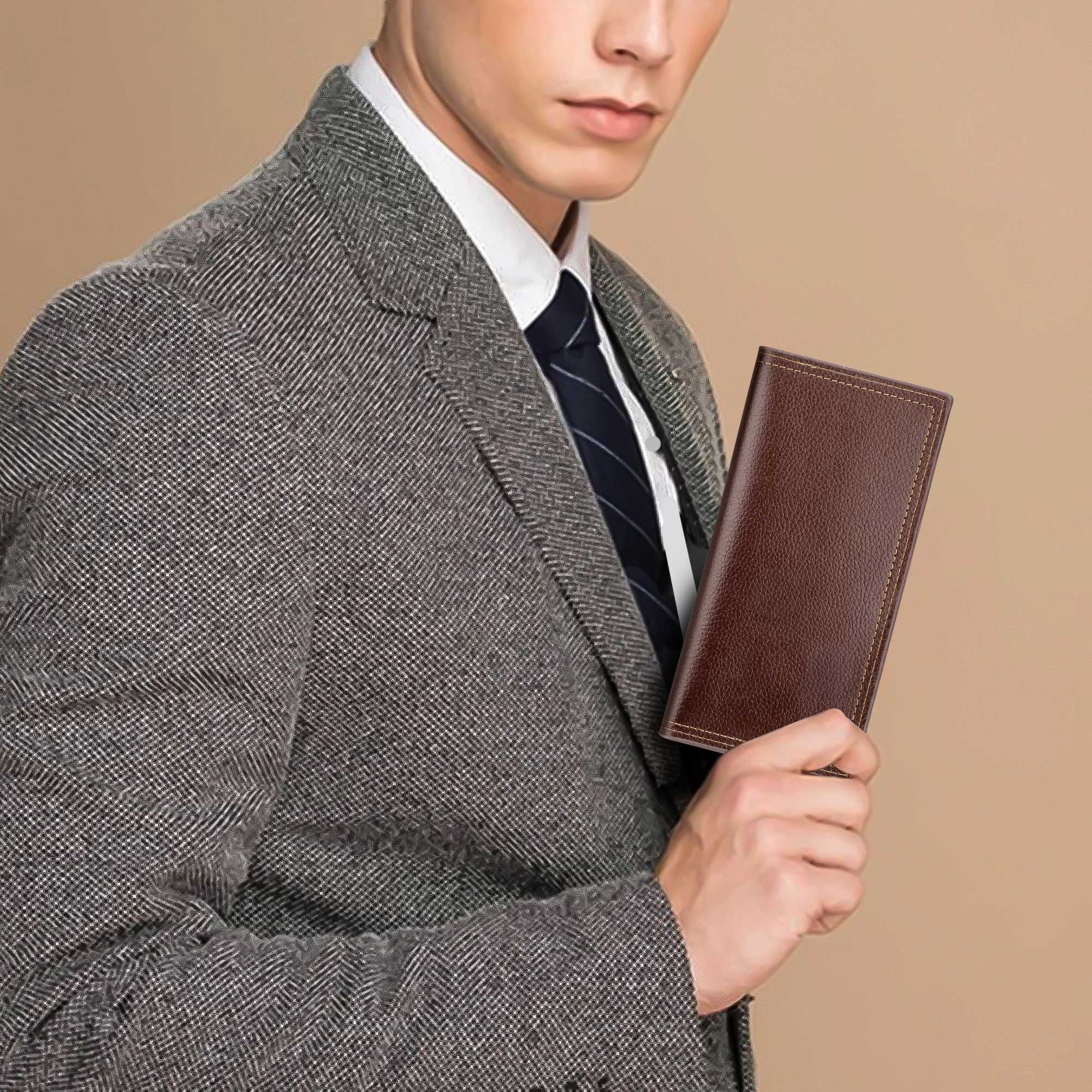 Long Bifold Wallet for Men, Slim PU Leather Purse, RFID Blocking Credit Card Holder, Brown - Image 4