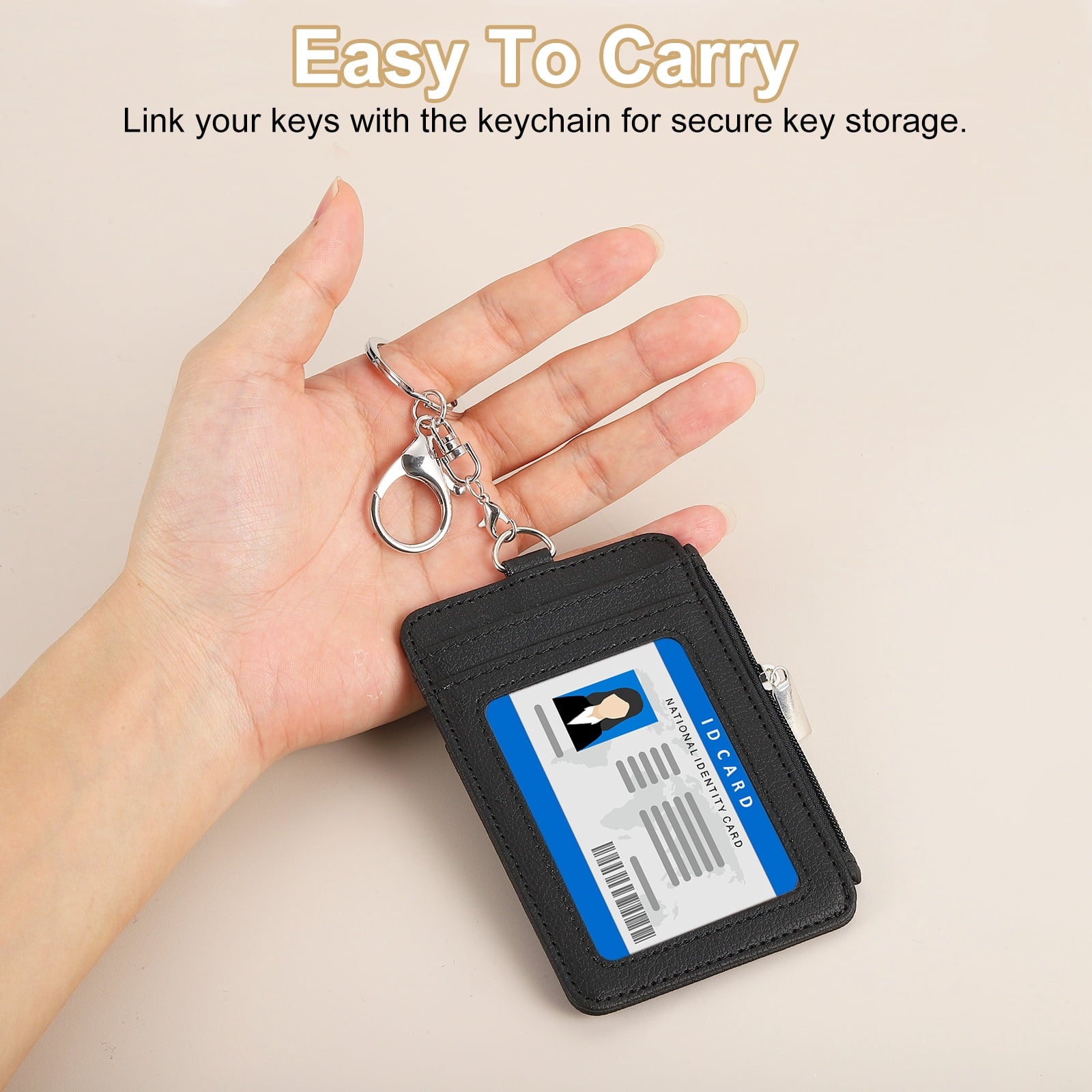 Slim PU Leather Card Holder Wallet with Keychain, Brown - Image 5