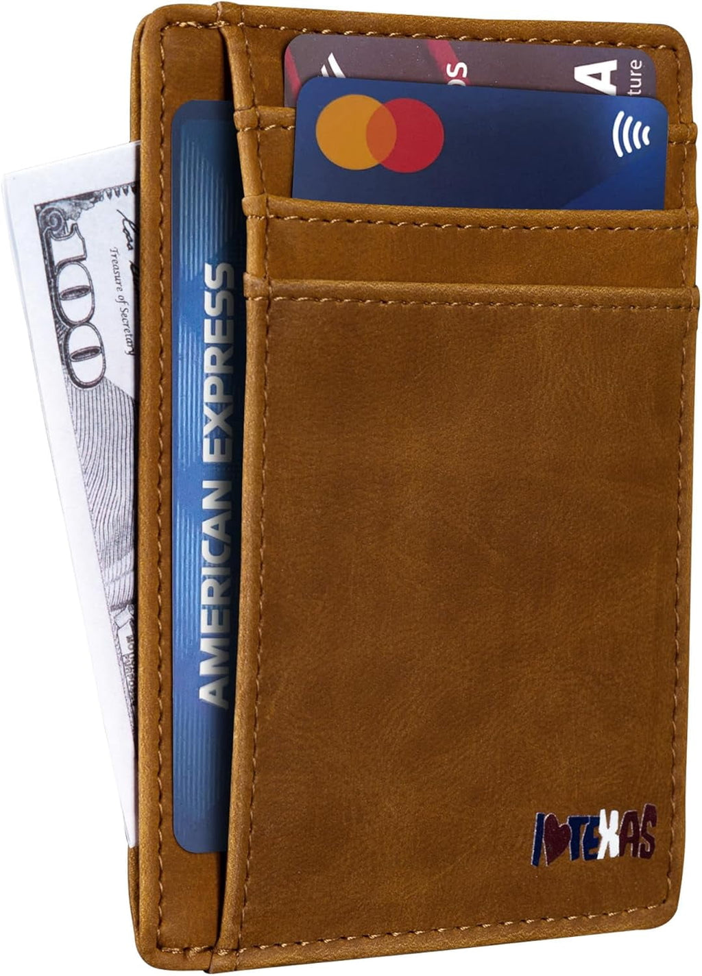 Slim Front Pocket Wallet, PU Leather, Khaki, Card Holder, RFID Blocking with Texas Souvenir Logo, Gift for Texans and... - Image 4