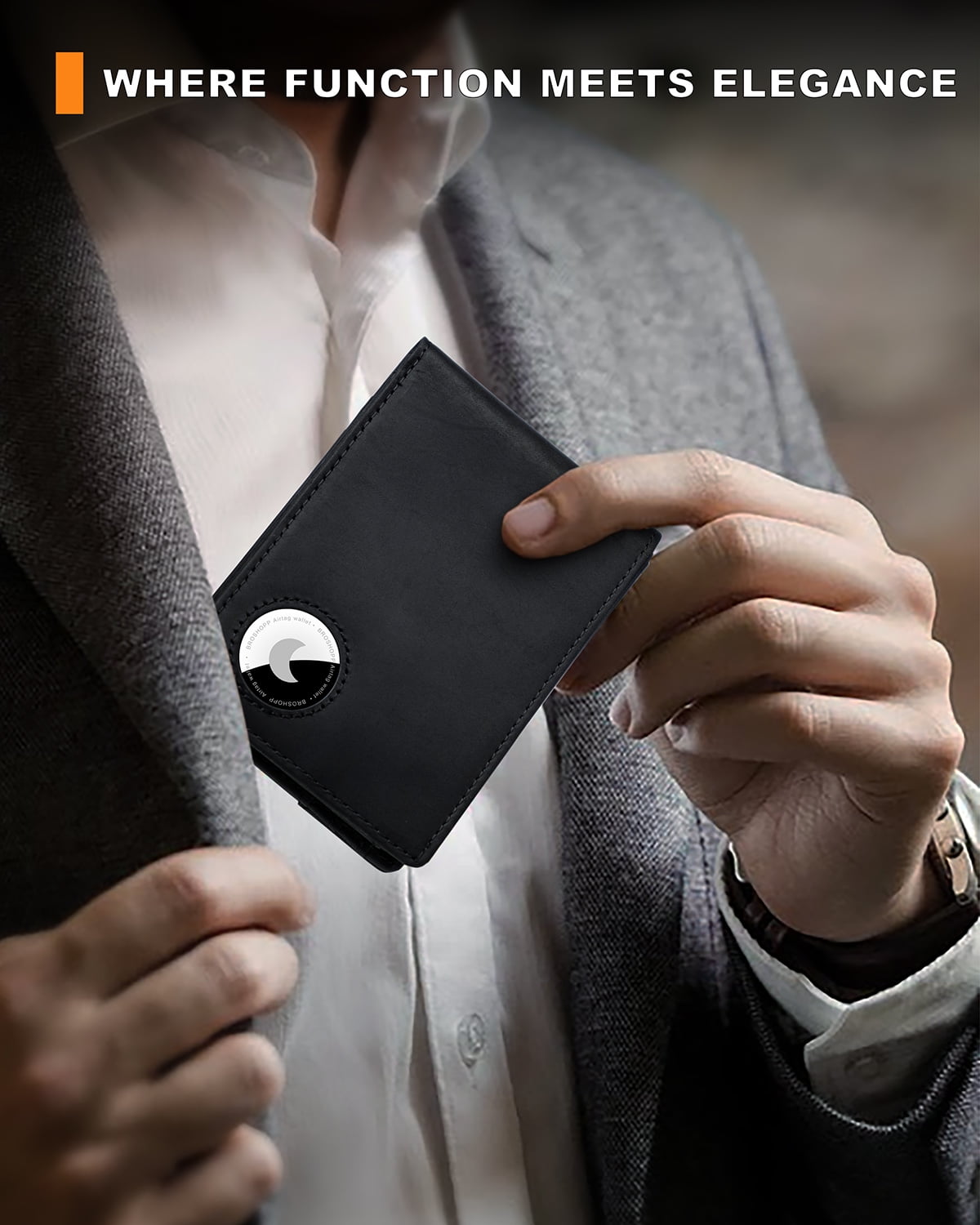Men’s Bifold Full-Grain Leather Wallet with AirTag Holder, RFID Blocking, 9 Card Slots, ID Window (Black) - Image 3
