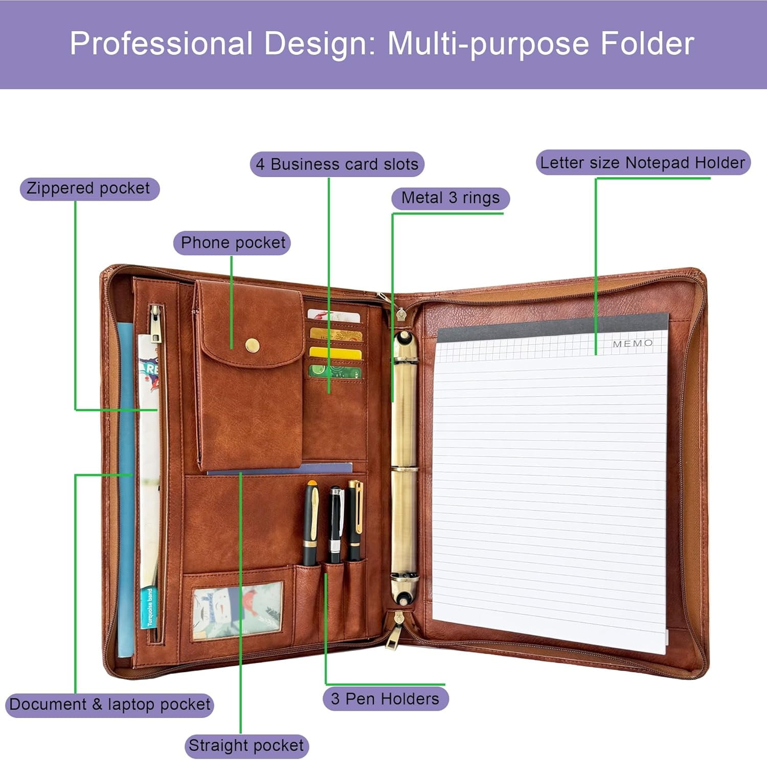 3 Vegan Leather Portfolio, Zippered Portfolio for Men, Letter Size Organizer Folder Padfolio A4 Document Bag for 13.3... - Image 3