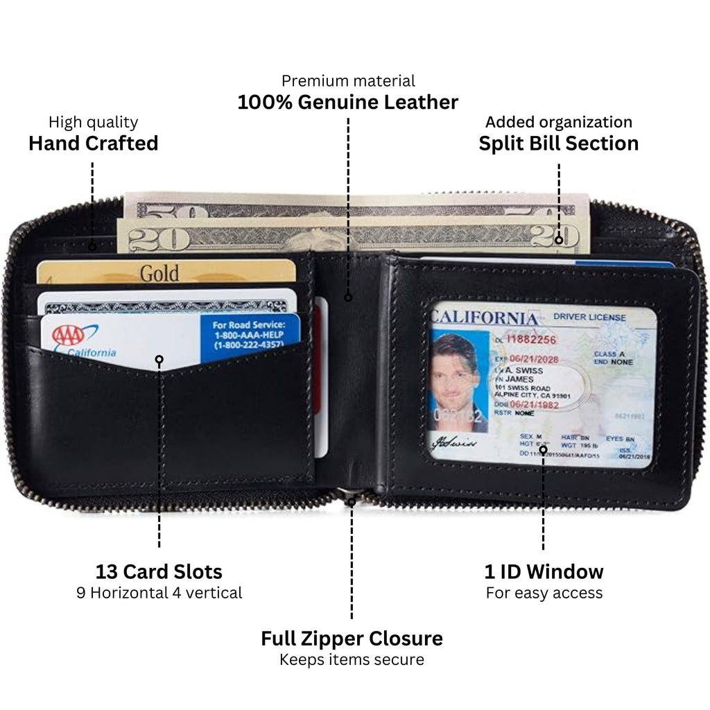 Zipper Bifold Wallet for Men Women RFID Protected Genuine Leather - Image 3
