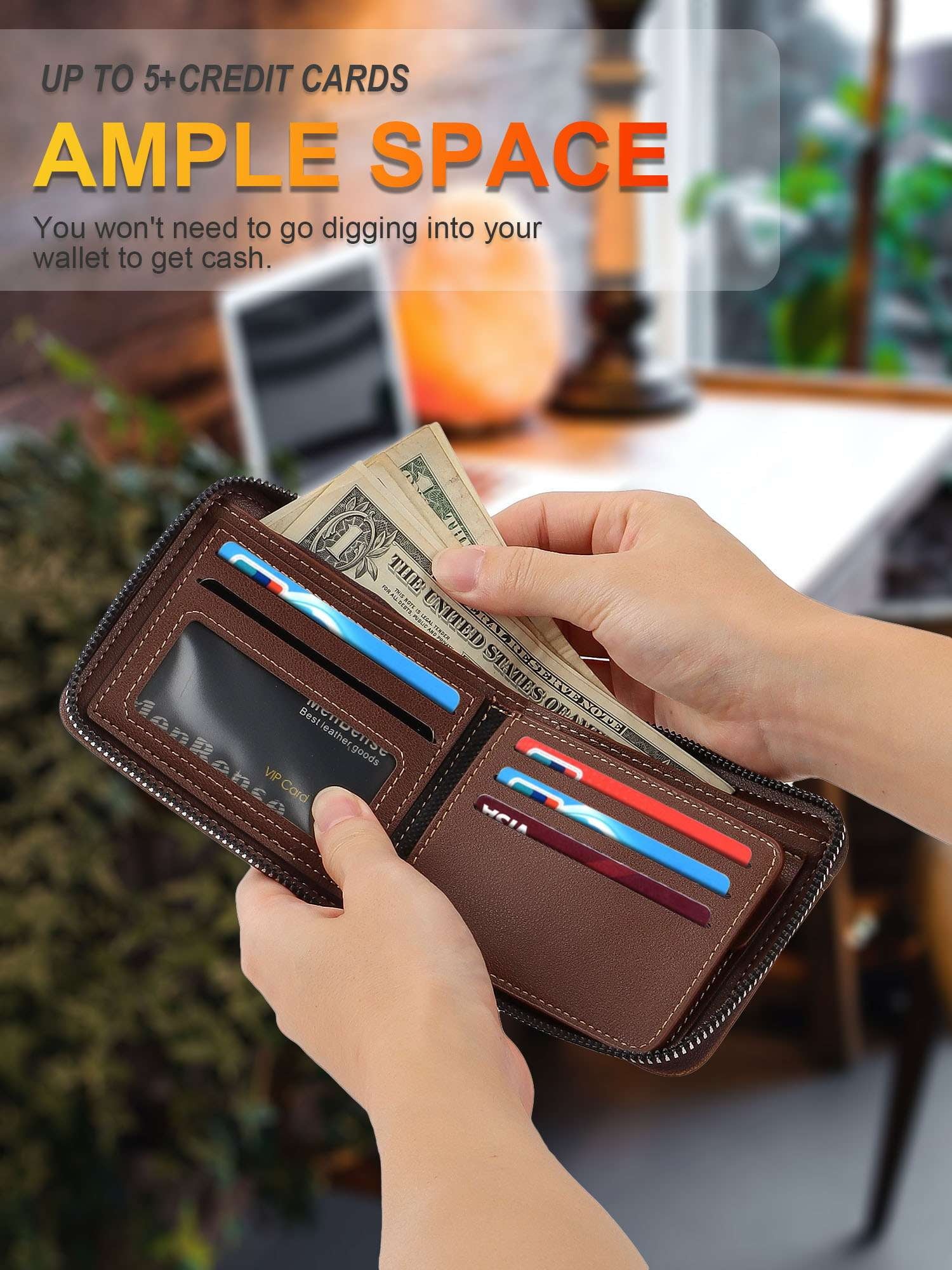Leather Wallet for Men Large Capacity Bifold Wallet with ID Window 6 Card Holders Zip Coin Pocket (Black) - Image 6