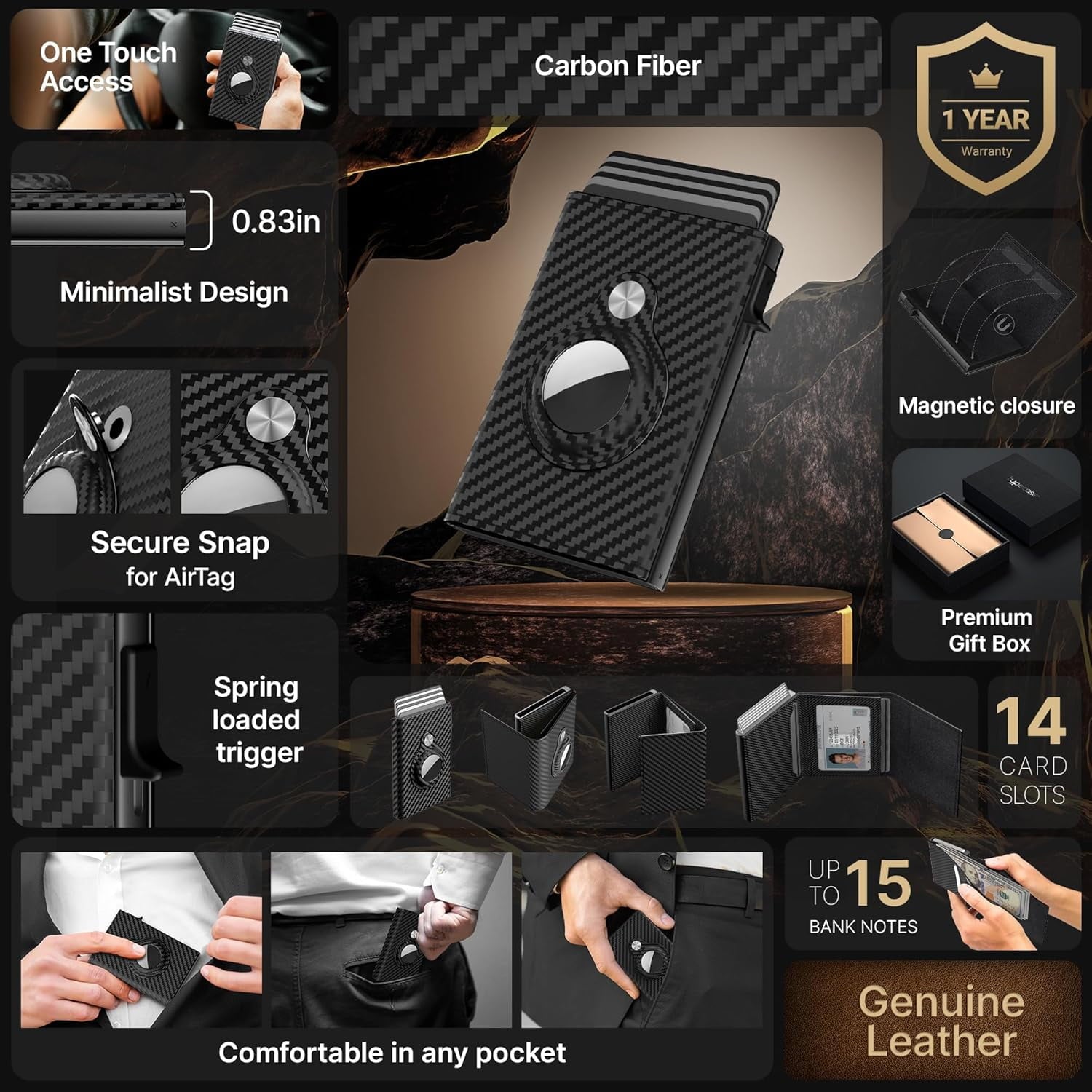 Mens Smart Wallet Card Holder for AirTag: Leather, Compatible with Apple Air Tag, RFID Blocking, Slim, Carbon Fiber, ... - Image 2