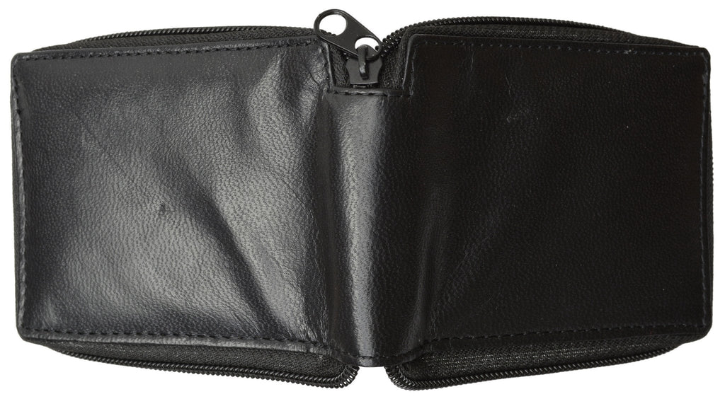 Zippered Bifold Mens Wallet Deluxe Credit Card Flip Genuine Lamb Leather P 1256 (C) Black - Image 3