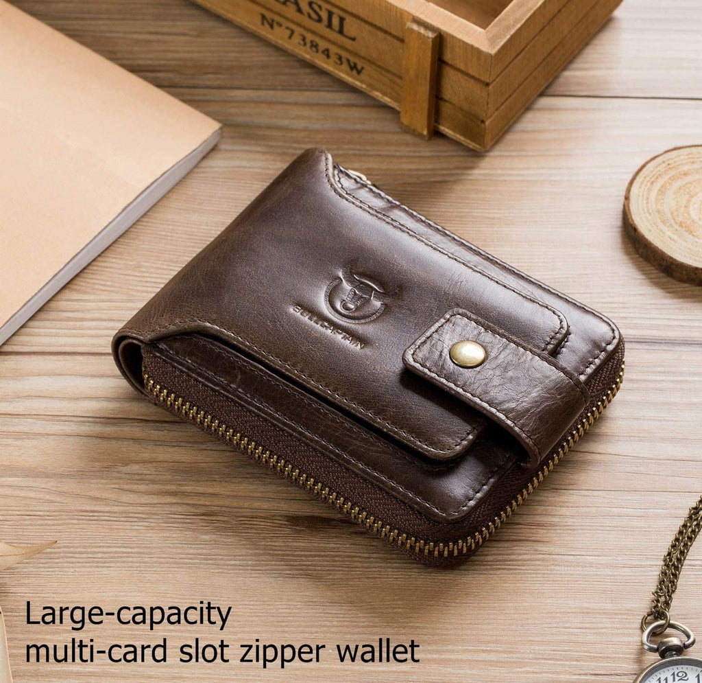 BULLCAPTAIN Men Zipper Around Wallet Genuine Leather RFID Blocking Bifold Large Capacity Coin Purse with ID Window (Black) - Image 3