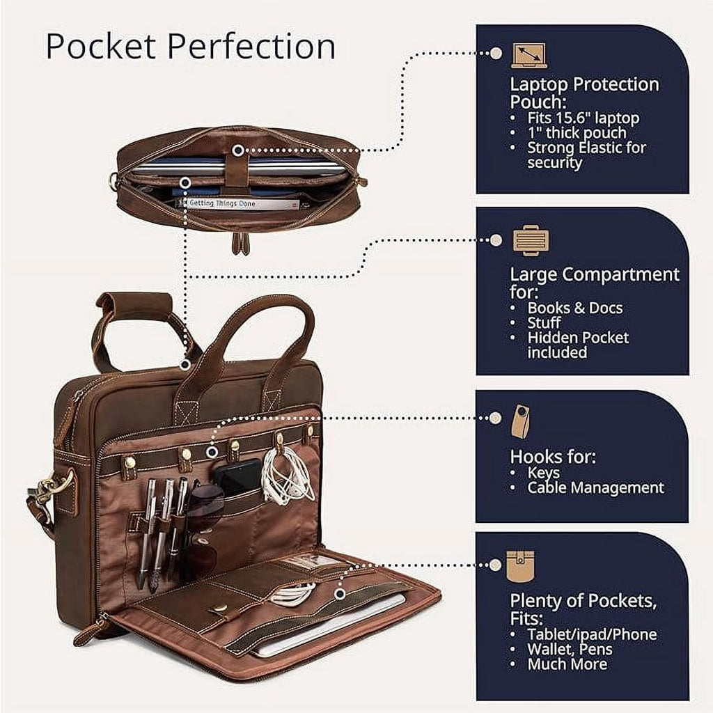 Full-Grain Leather Laptop Briefcase For Men, Leather Bag, Leather Computer Bag For Men - Dark Brown - Image 4
