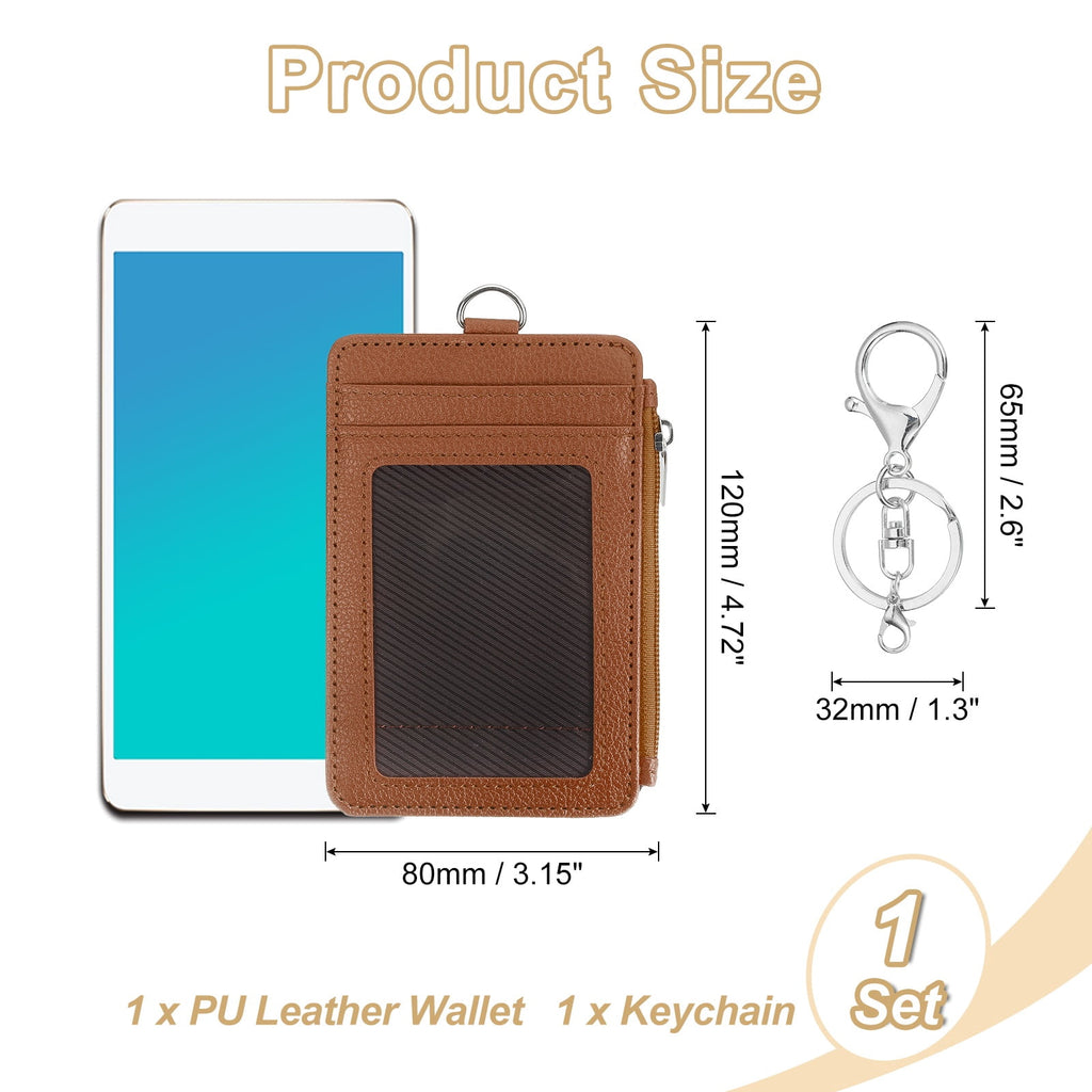 Slim PU Leather Card Holder Wallet with Keychain, Brown - Image 2