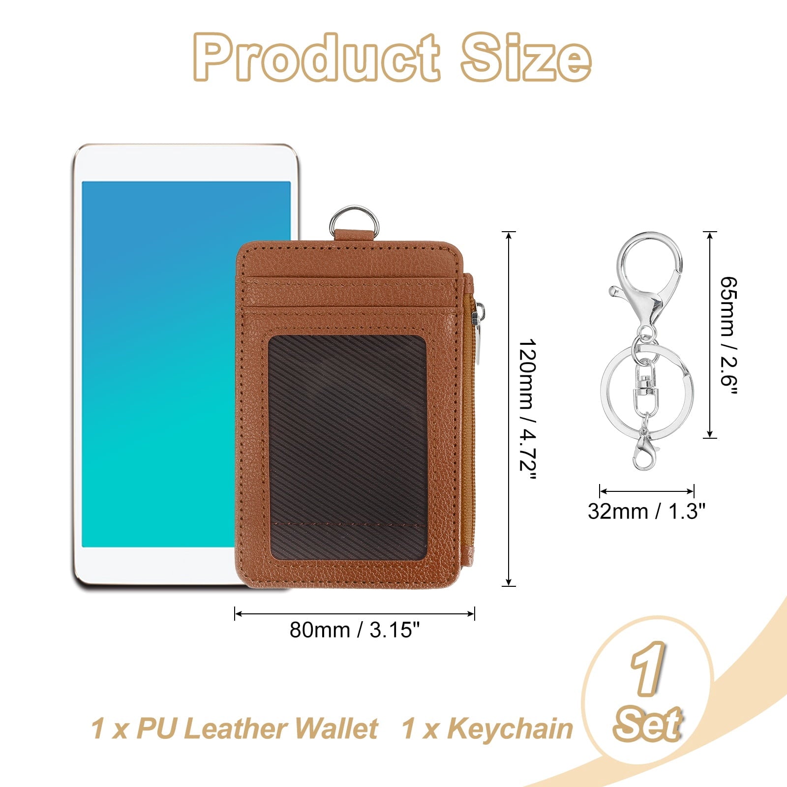 Slim PU Leather Card Holder Wallet with Keychain, Brown - Image 2