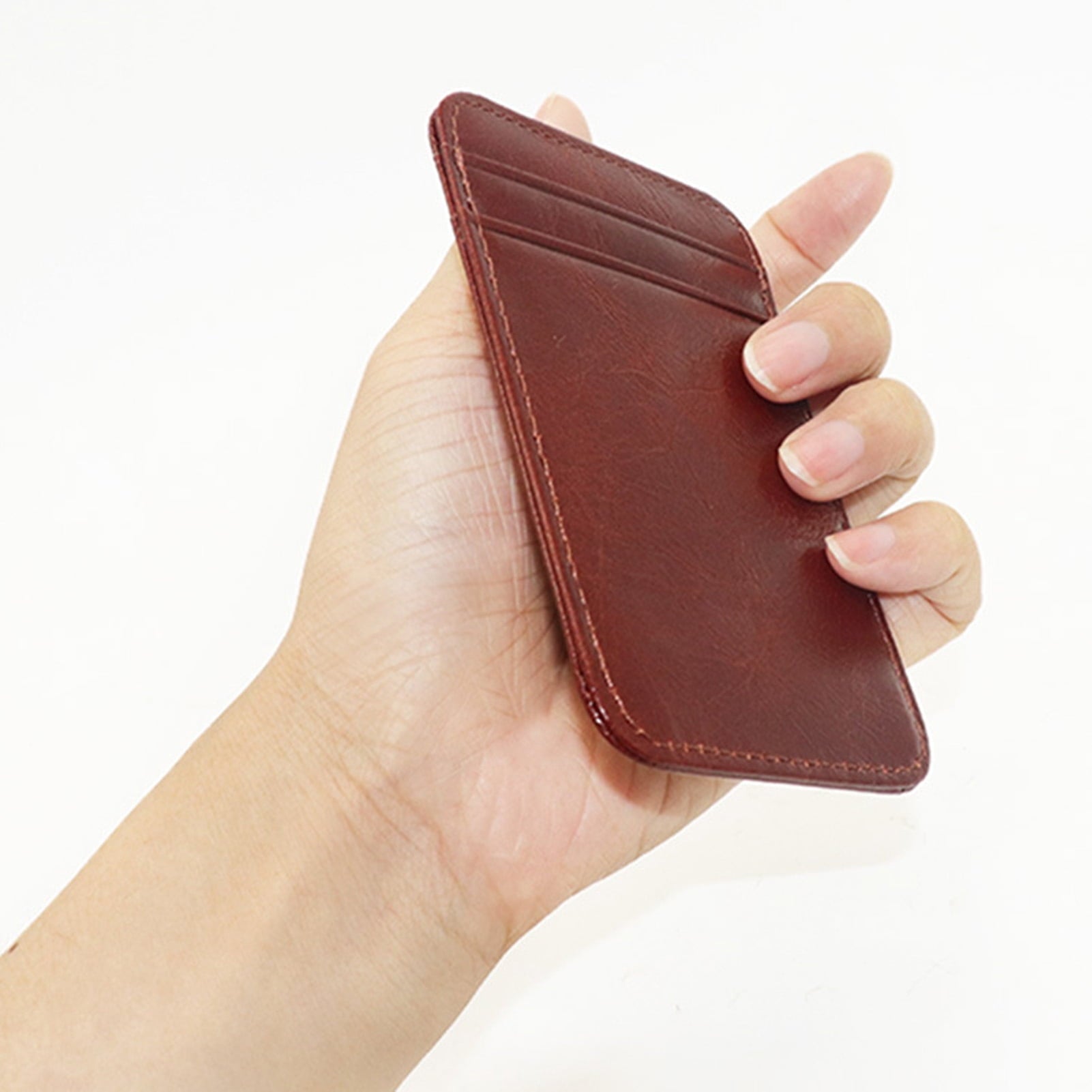 Card Holder Slim Small Wallet Faux Leather Solid Color Driver's License Credit Card Case Business Use Black - Image 6