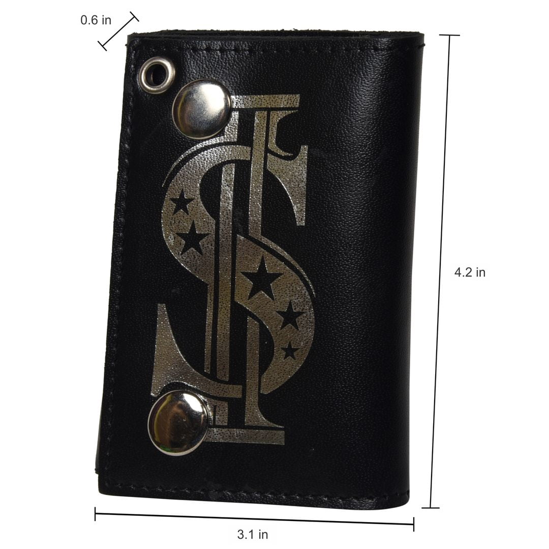 Genuine Leather Men Dollar Trifold Wallet Chain Biker, Black - Image 5