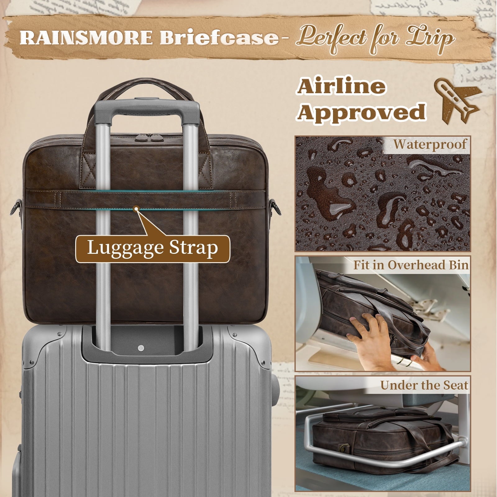 15.6 Inch Messenger Bag for Men Vintage PU Leather Laptop Bag Waterproof Computer Briefcases for Men Retro Mens Brief... - Image 6