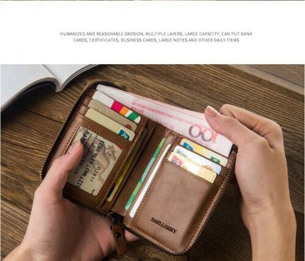 DT Men's Mens Brown Leather Bifold Credit ID Card Holder Wallet with Zipper Coin Pocket Purse - Image 5