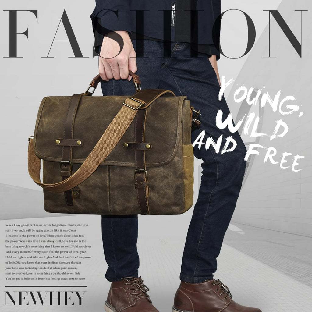 Mens Messenger Bag 15.6 Inch Waterproof Vintage Genuine Leather Waxed Canvas Briefcase Large Leather Computer Laptop ... - Image 6