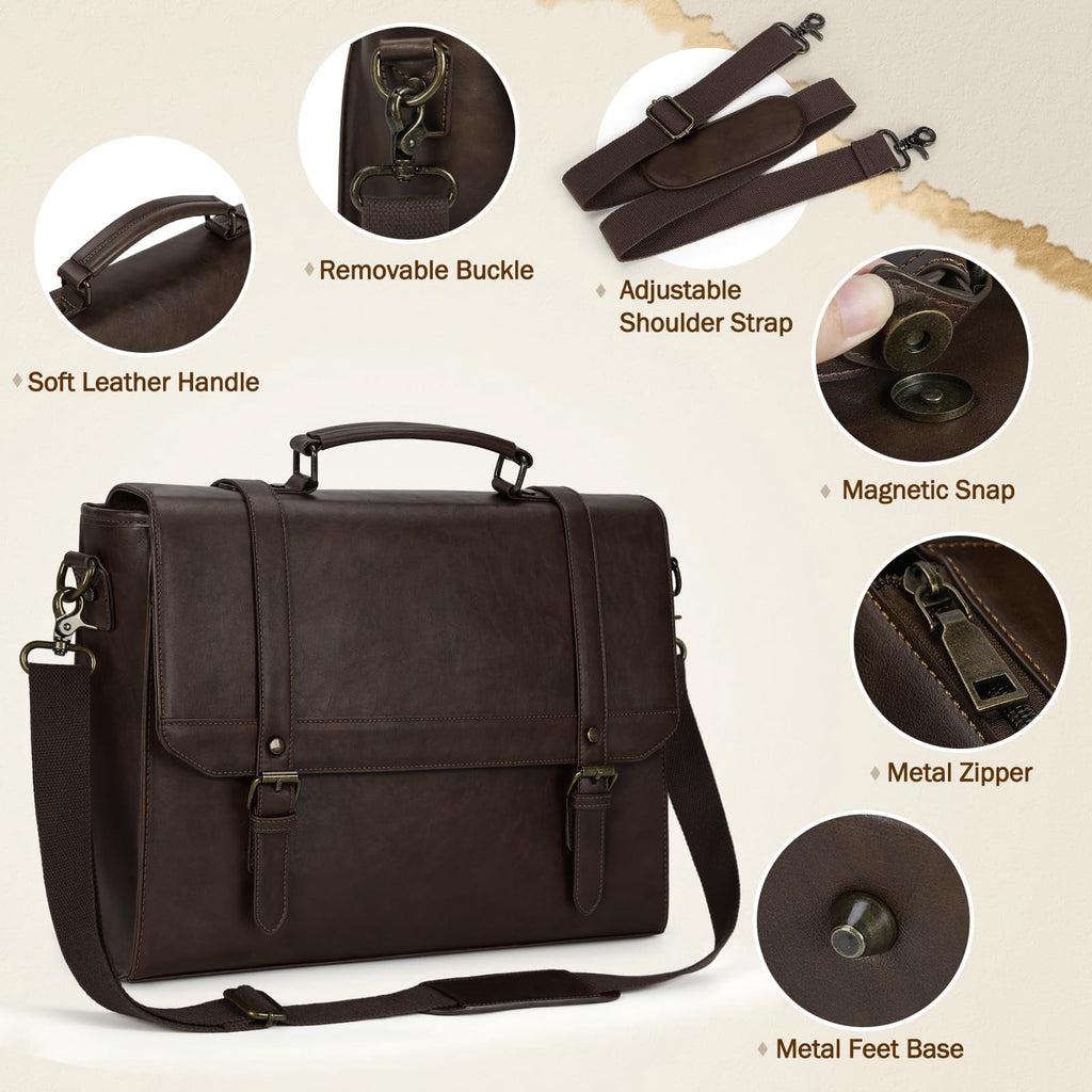 for Men 15.6 inch Vintage Leather Waterproof Laptop Briefcase Computer Laptop Large Satchel Retro Shoulder for Office... - Image 3