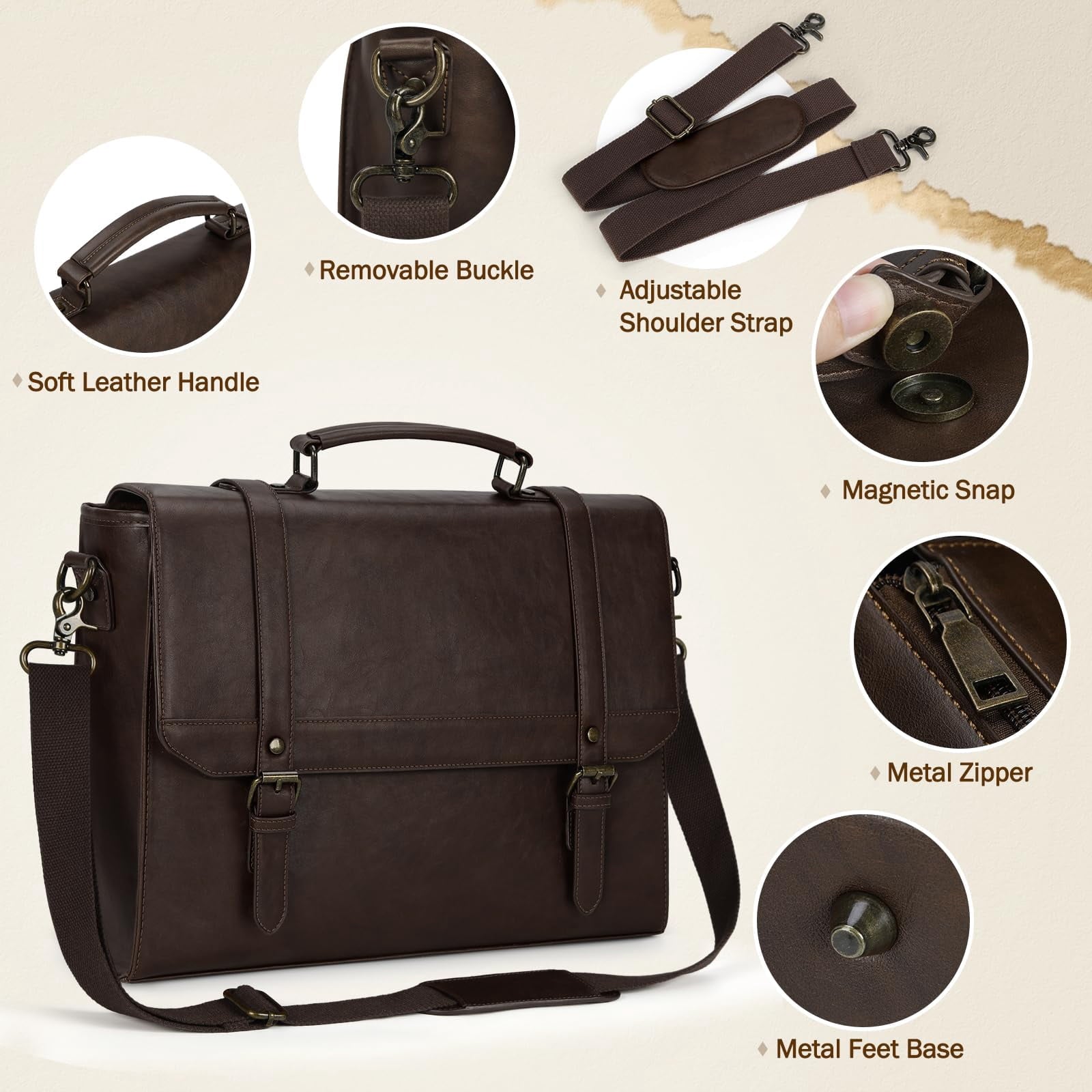 for Men 15.6 inch Vintage Leather Waterproof Laptop Briefcase Computer Laptop Large Satchel Retro Shoulder for Office... - Image 3