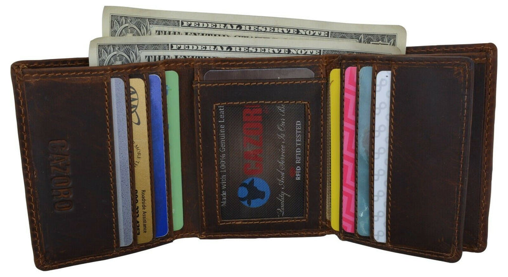 RFID Blocking Brown Vintage Leather Men's Trifold Center Flap Wallet - Image 6