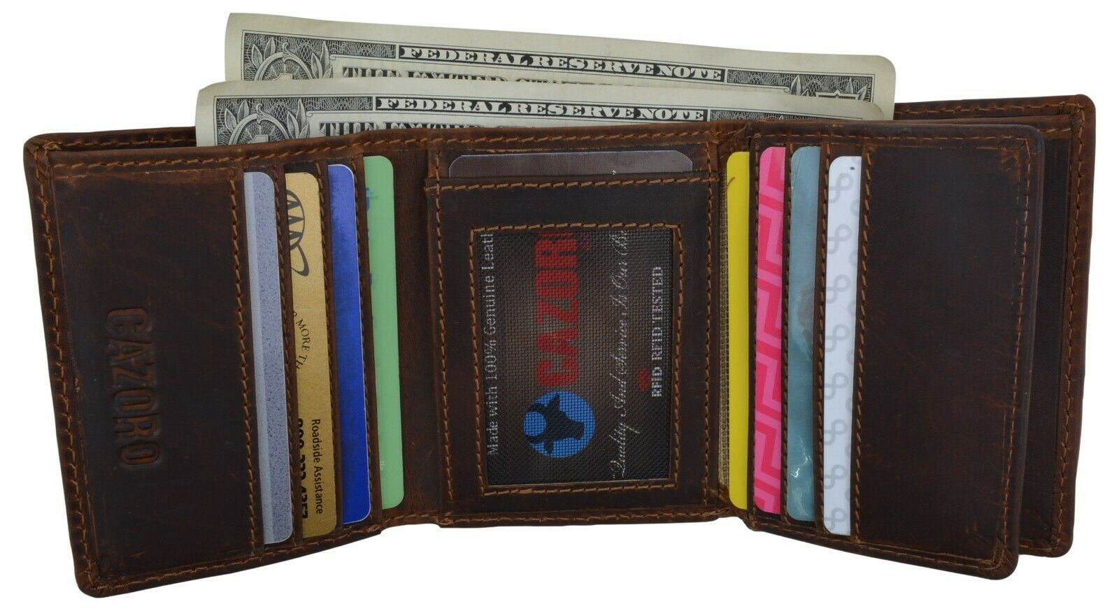 RFID Blocking Brown Vintage Leather Men's Trifold Center Flap Wallet - Image 6