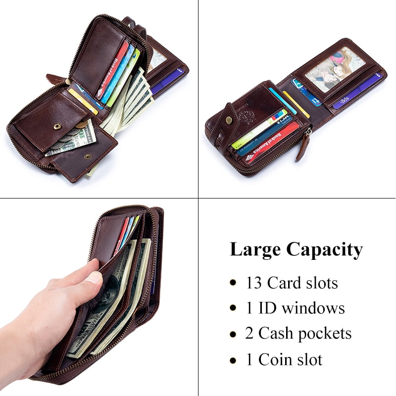 Genuine Leather Wallets for Men with Zipper RFID Blocking Large Capacity Retro Mens Wallet, Brown - Image 2
