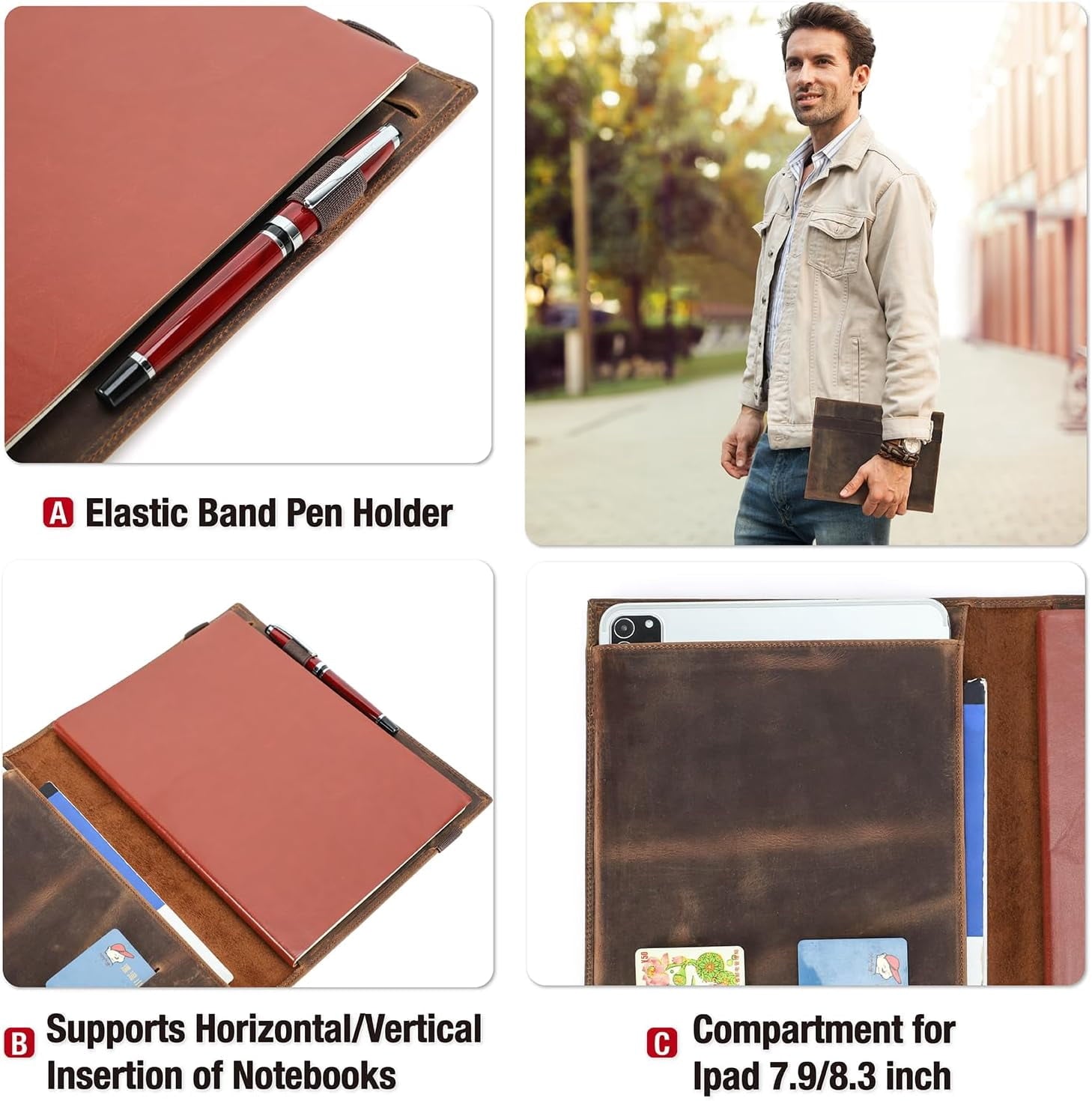 11 Inch Padfolio for Men & Women, Handmade Vintage Portfolio Organizer with Elastic Band - Image 5
