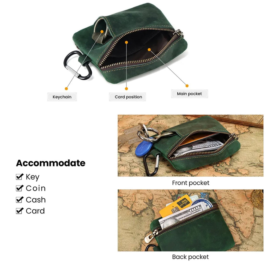 Genuine Leather Unisex Coin Purse Card Holder with Key Ring & Clip. Slim Minimalist Wallet. Top Grain Cow Real Leather. - Image 5