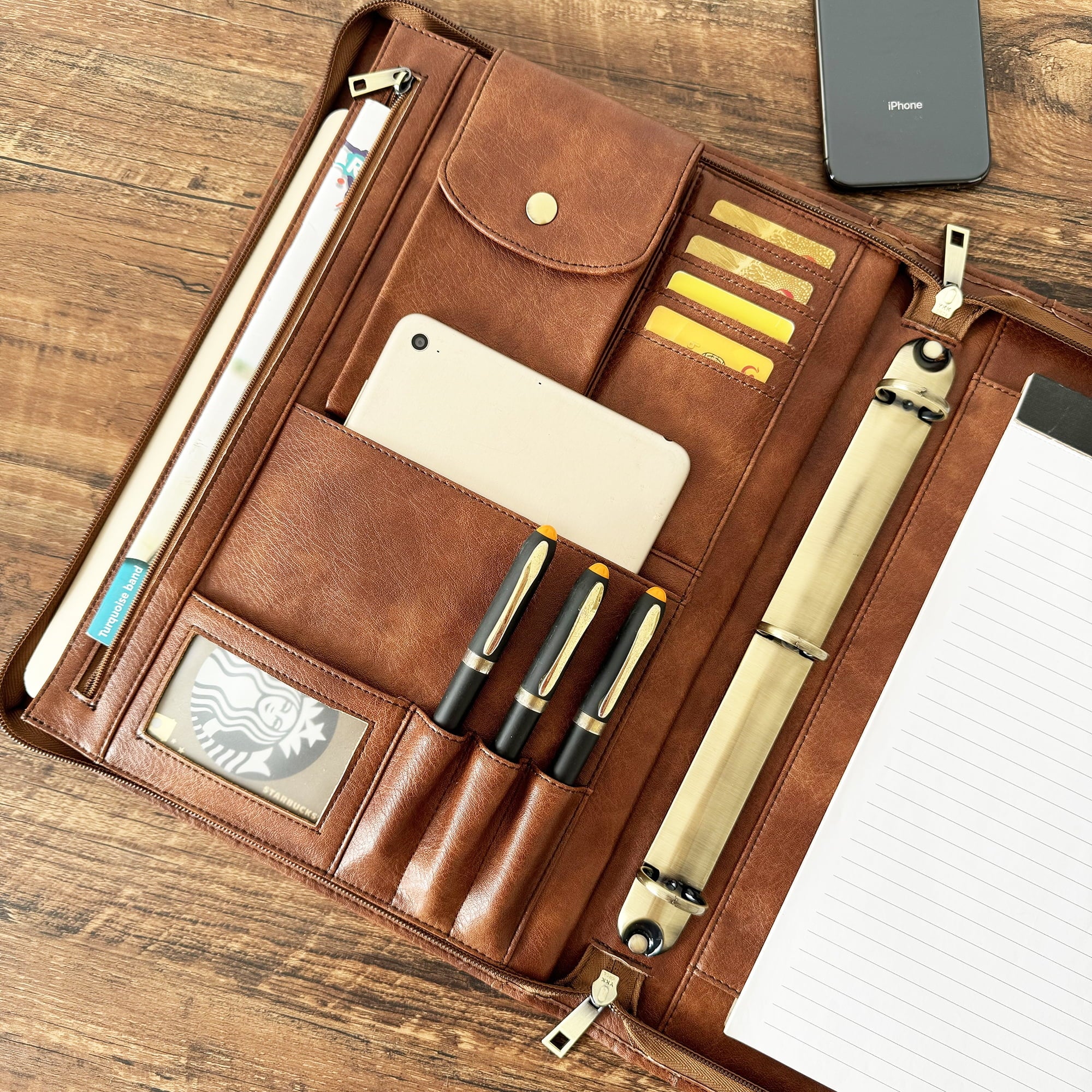 3 Ring Binder Vegan Leather Portfolio, Zippered Portfolio for Men, Letter Size Organizer Folder Padfolio A4 Document ... - Image 5
