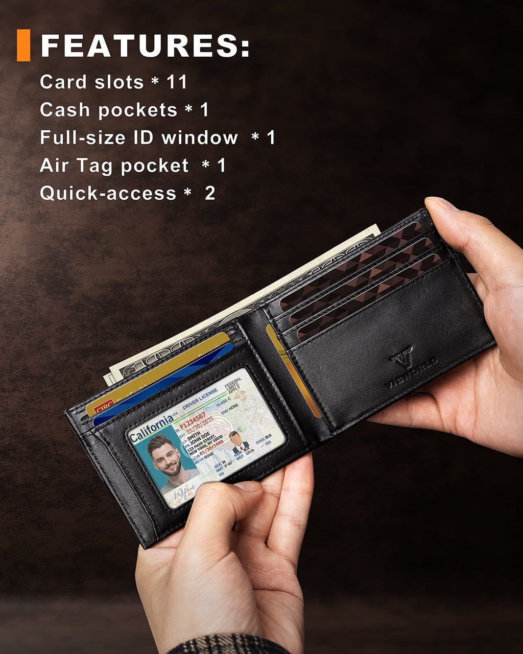 Men’s Wallet with AirTag Holder, Slim Bifold Leather Wallet for Apple Air Tag, RFID Blocking, 11 Card Slots (Nappa Black) - Image 5